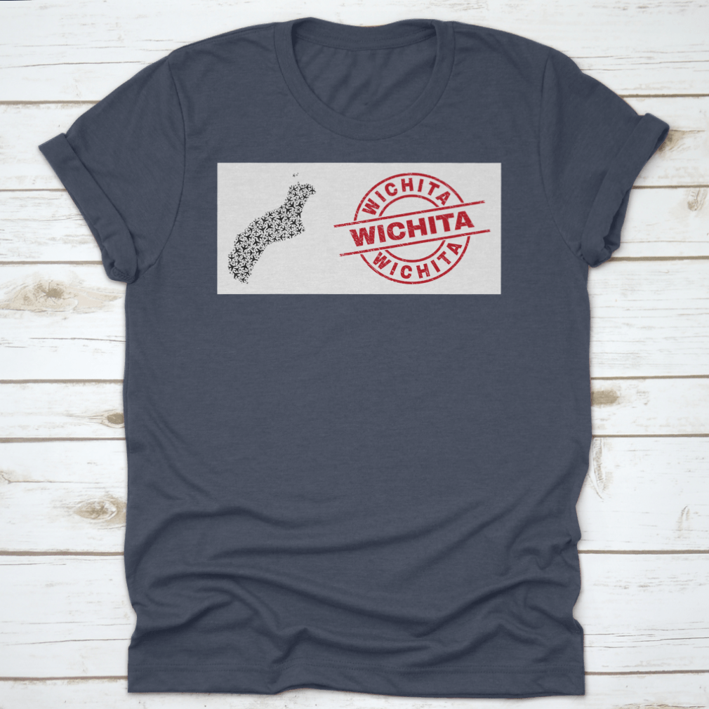 Wichita Scratched Seal Stamp t-shirt featuring Niihau Island map collage with airliner design, showcasing unique graphics on a comfortable cotton fabric.