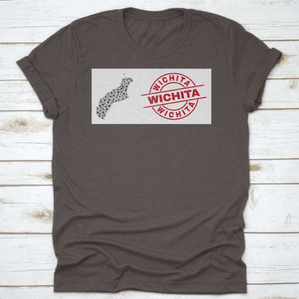 Wichita Scratched Seal Stamp t-shirt featuring Niihau Island map collage with airliner design, showcasing unique graphics on a comfortable cotton fabric.