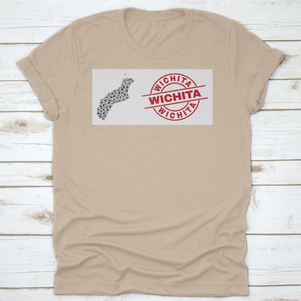 Wichita Scratched Seal Stamp t-shirt featuring Niihau Island map collage with airliner design, showcasing unique graphics on a comfortable cotton fabric.