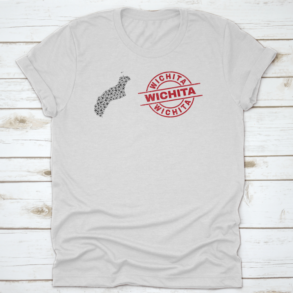 Wichita Scratched Seal Stamp t-shirt featuring Niihau Island map collage with airliner design, showcasing unique graphics on a comfortable cotton fabric.