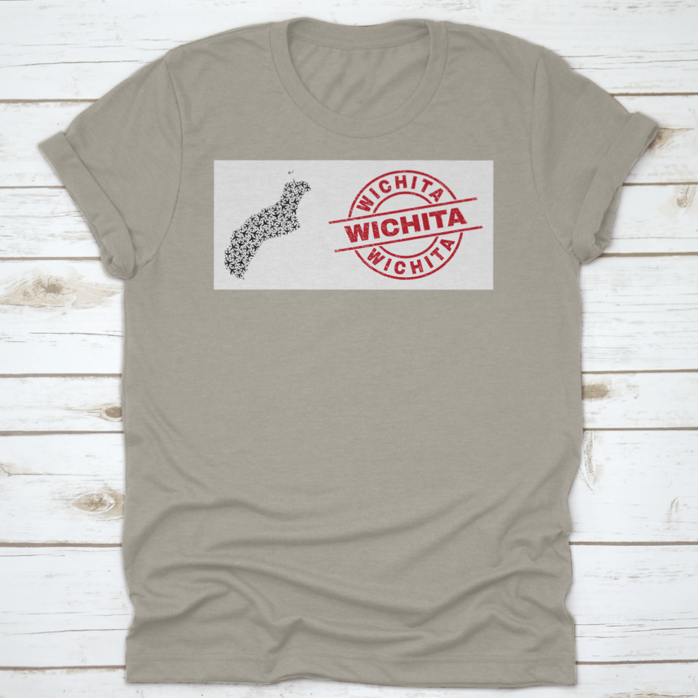 Wichita Scratched Seal Stamp t-shirt featuring Niihau Island map collage with airliner design, showcasing unique graphics on a comfortable cotton fabric.