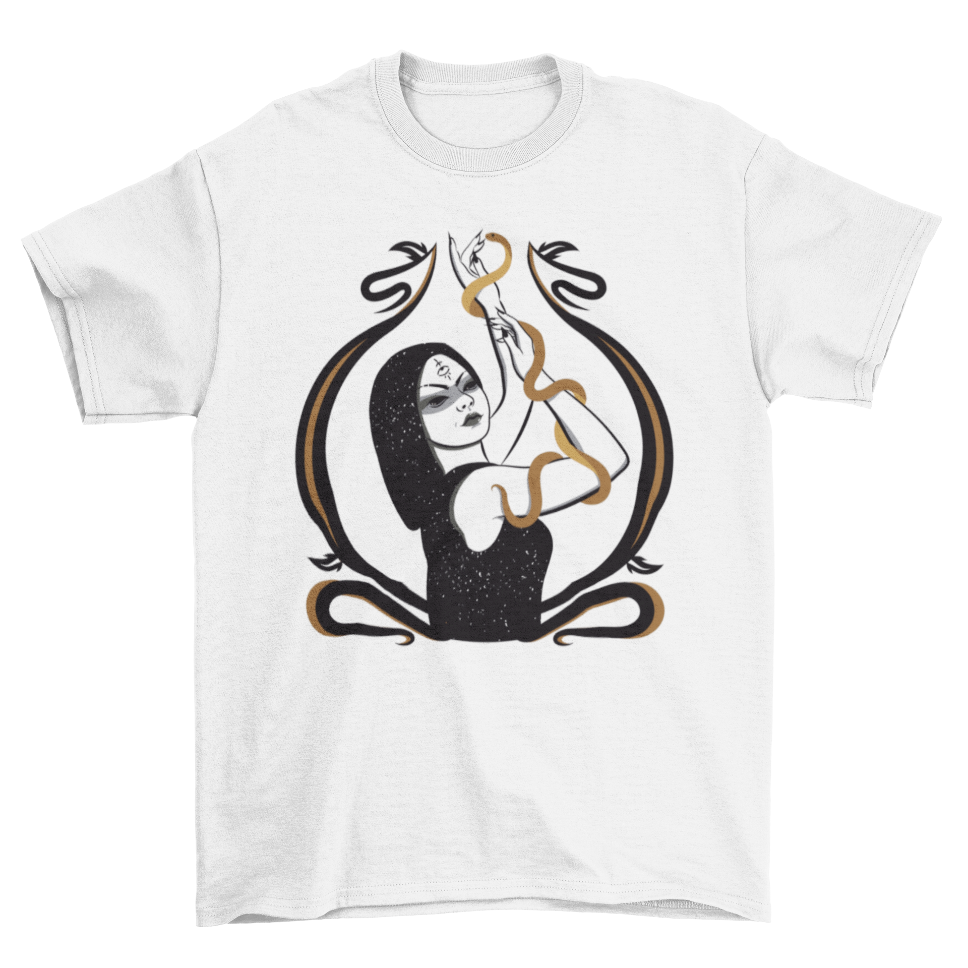 Wicked evil female sorceress t-shirt featuring a detailed design of a sorceress with snakes, showcasing fantasy elements.