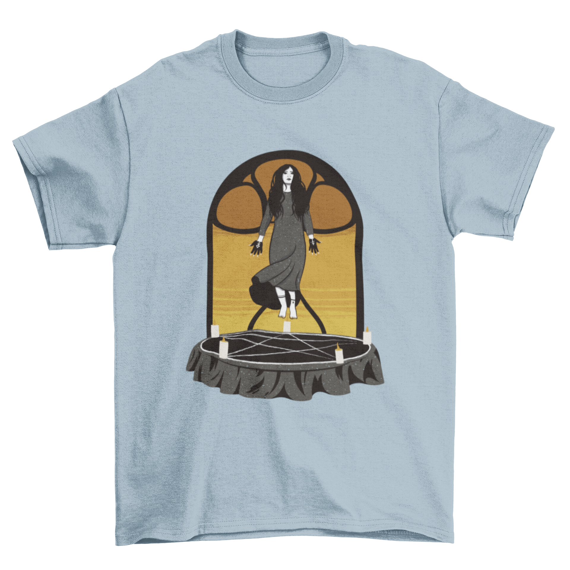A stylish t-shirt featuring a witch levitating in a pentagram, showcasing a mystical design.