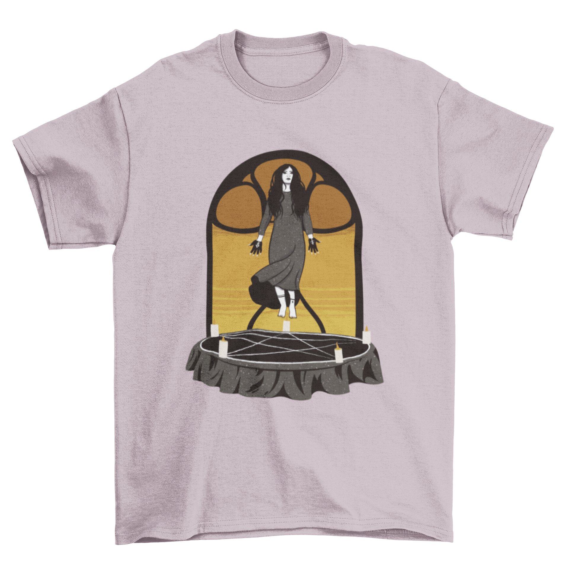 A stylish t-shirt featuring a witch levitating in a pentagram, showcasing a mystical design.