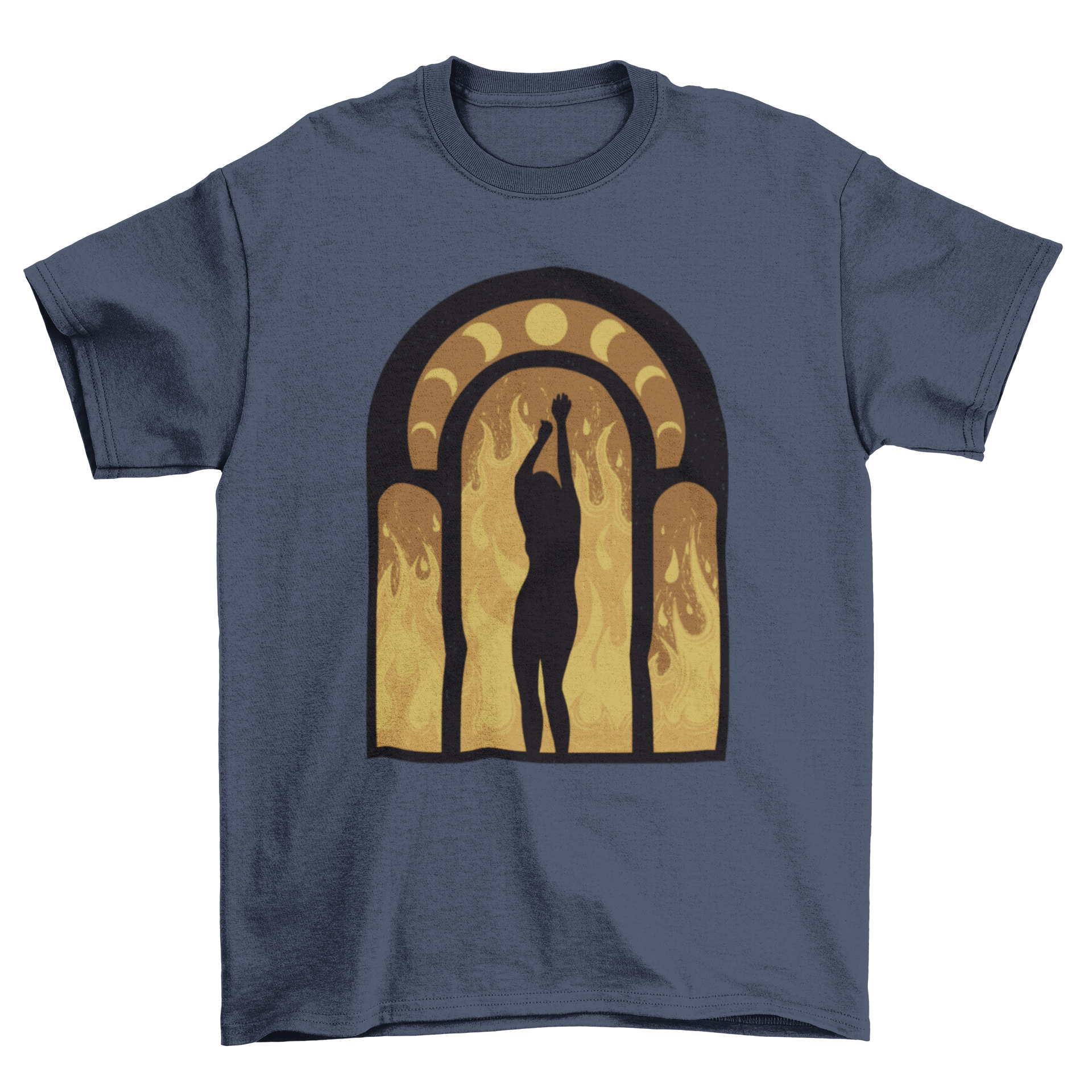 Wicked Witch t-shirt featuring a woman dancing in flames with moon cycles, showcasing a mystical and powerful design.