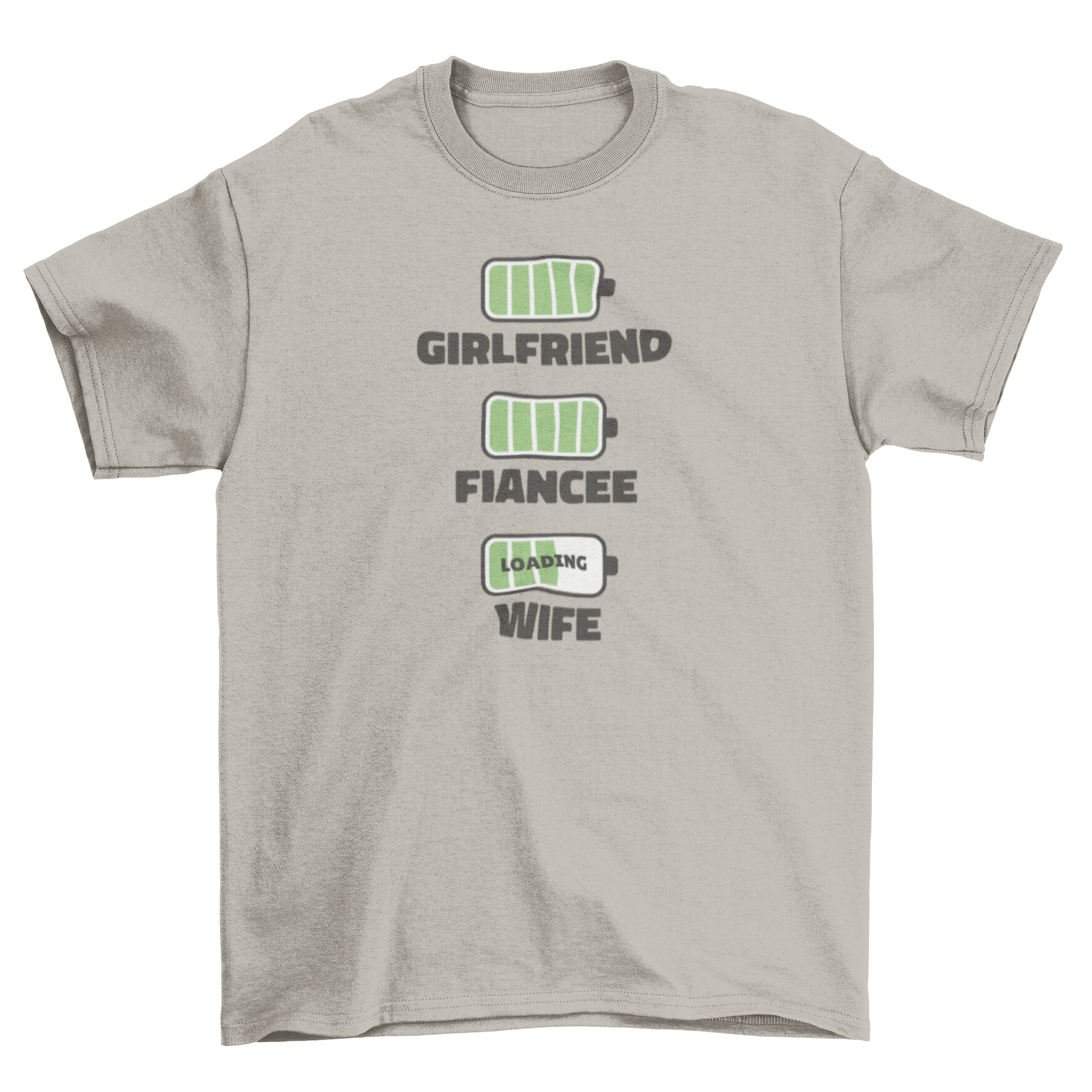 Wife Loading Battery T-Shirt featuring humorous design with loading bar and battery icons.