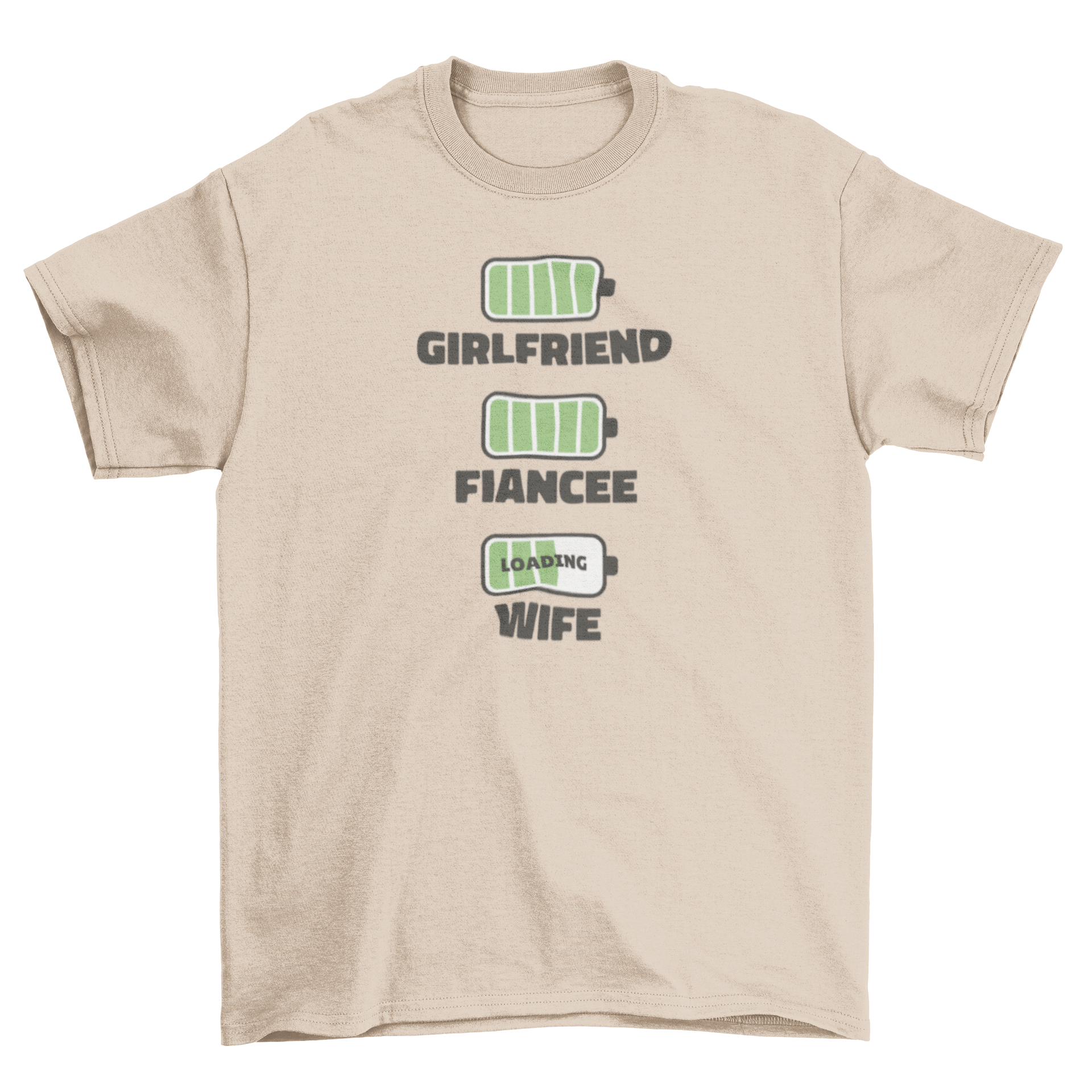 Wife Loading Battery T-Shirt featuring humorous design with loading bar and battery icons.
