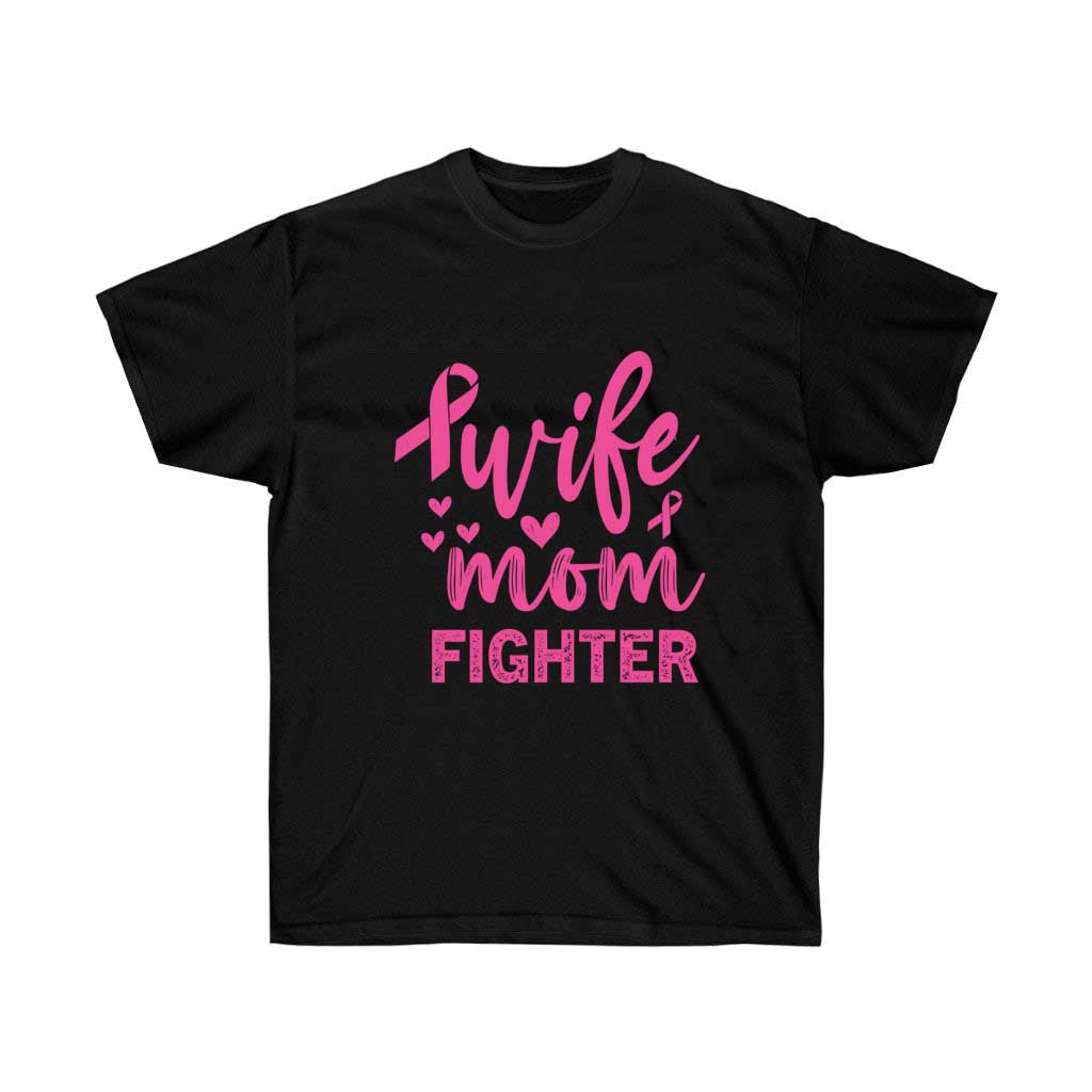 Wife Mom Fighter Breast Cancer Awareness T-Shirt in soft cotton, featuring a pink ribbon design for breast cancer awareness.