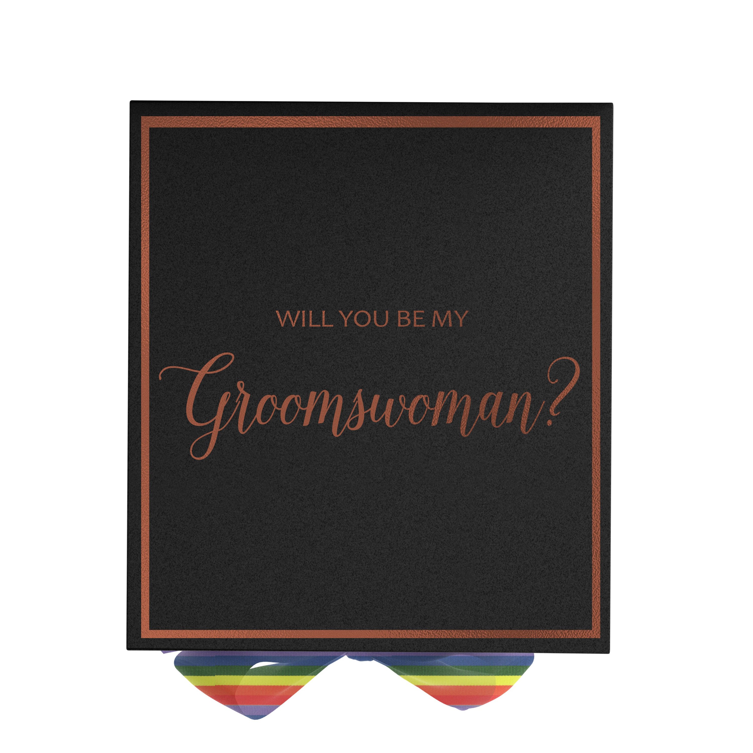 Elegant black proposal box with metallic writing and rainbow bow, perfect for asking a groomswoman.