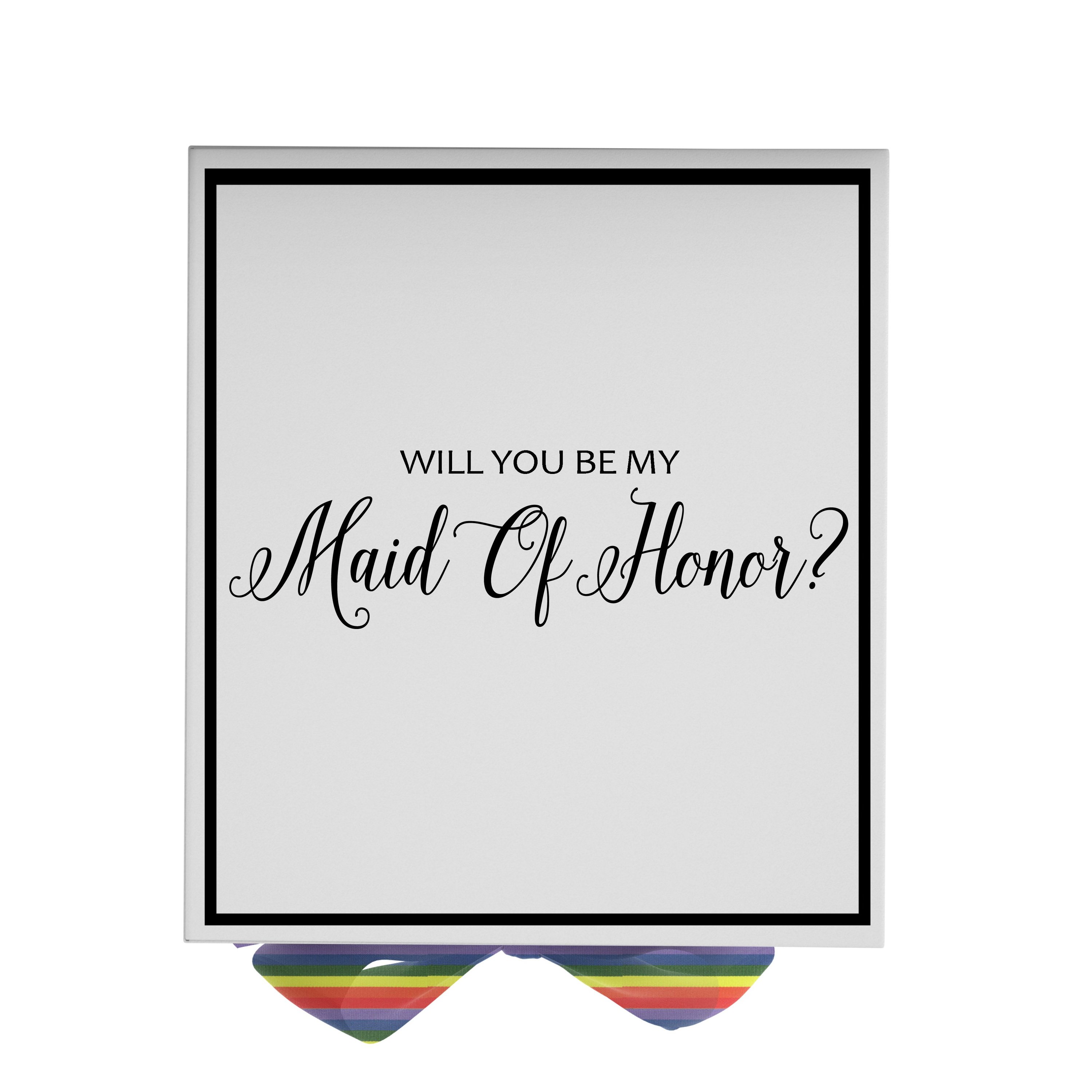 Elegant white proposal box with metallic writing and rainbow bow, perfect for maid of honor proposal.