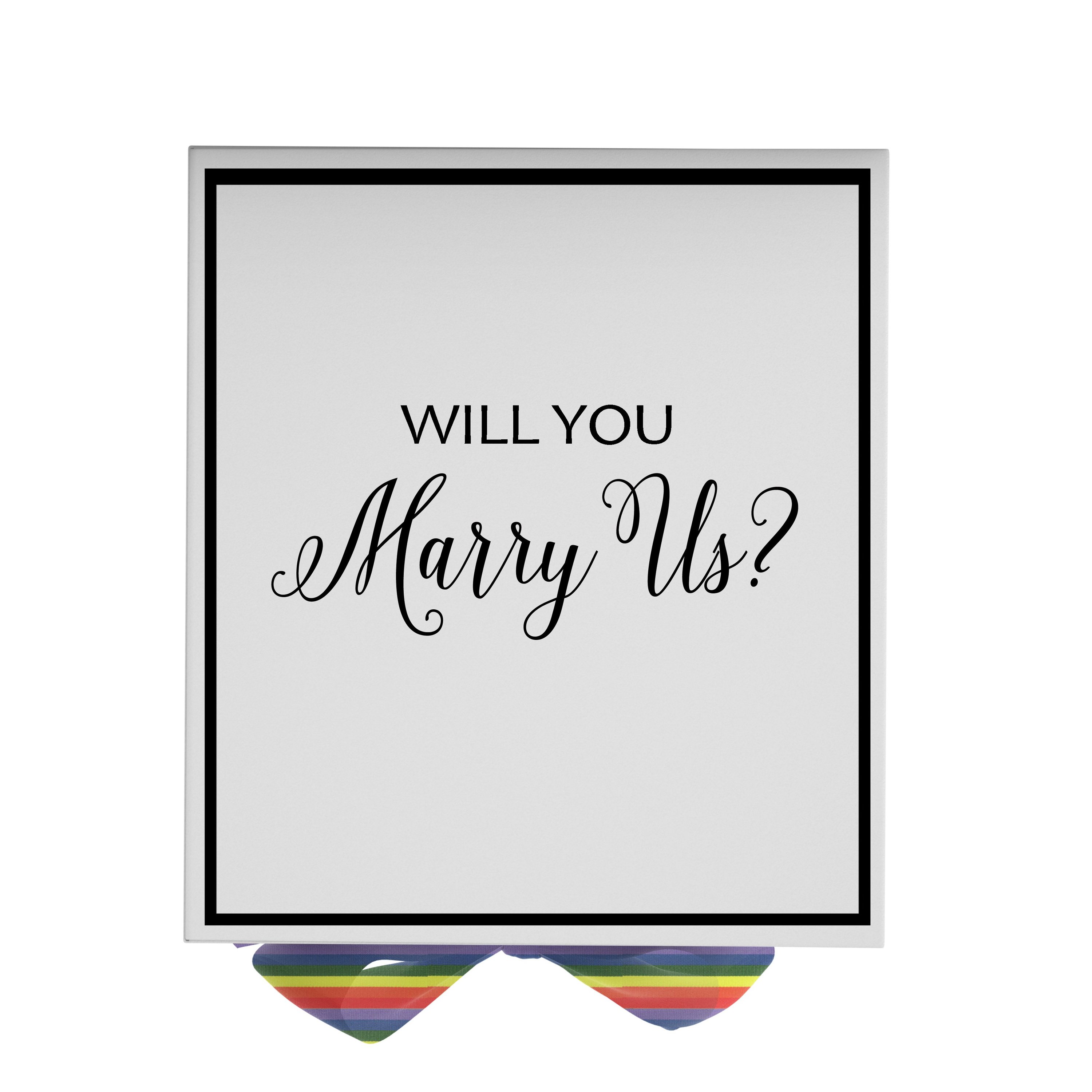 Elegant white proposal box with metallic writing and a colorful rainbow ribbon, perfect for engagement proposals.