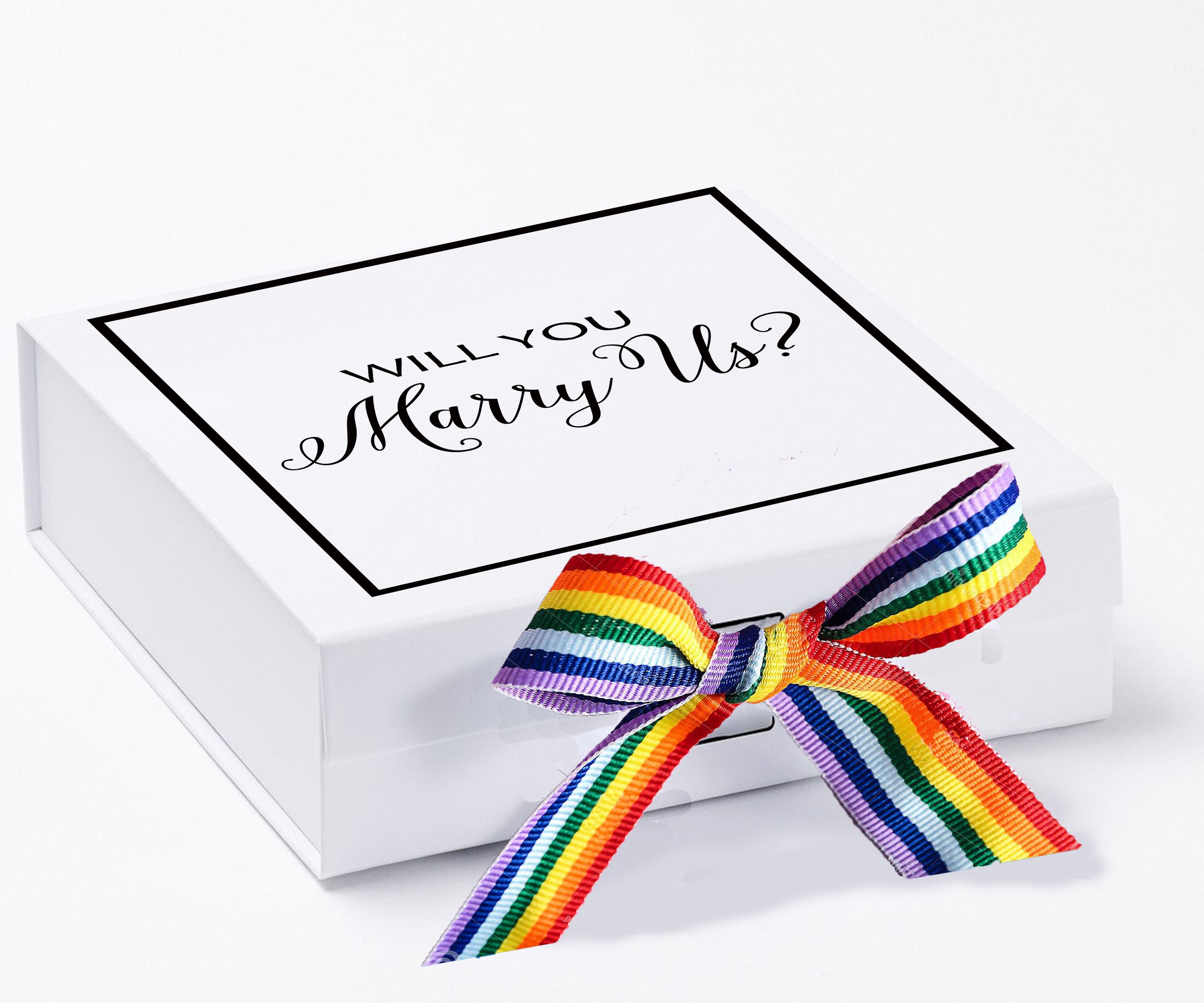 Elegant white proposal box with metallic writing and a colorful rainbow ribbon, perfect for engagement proposals.