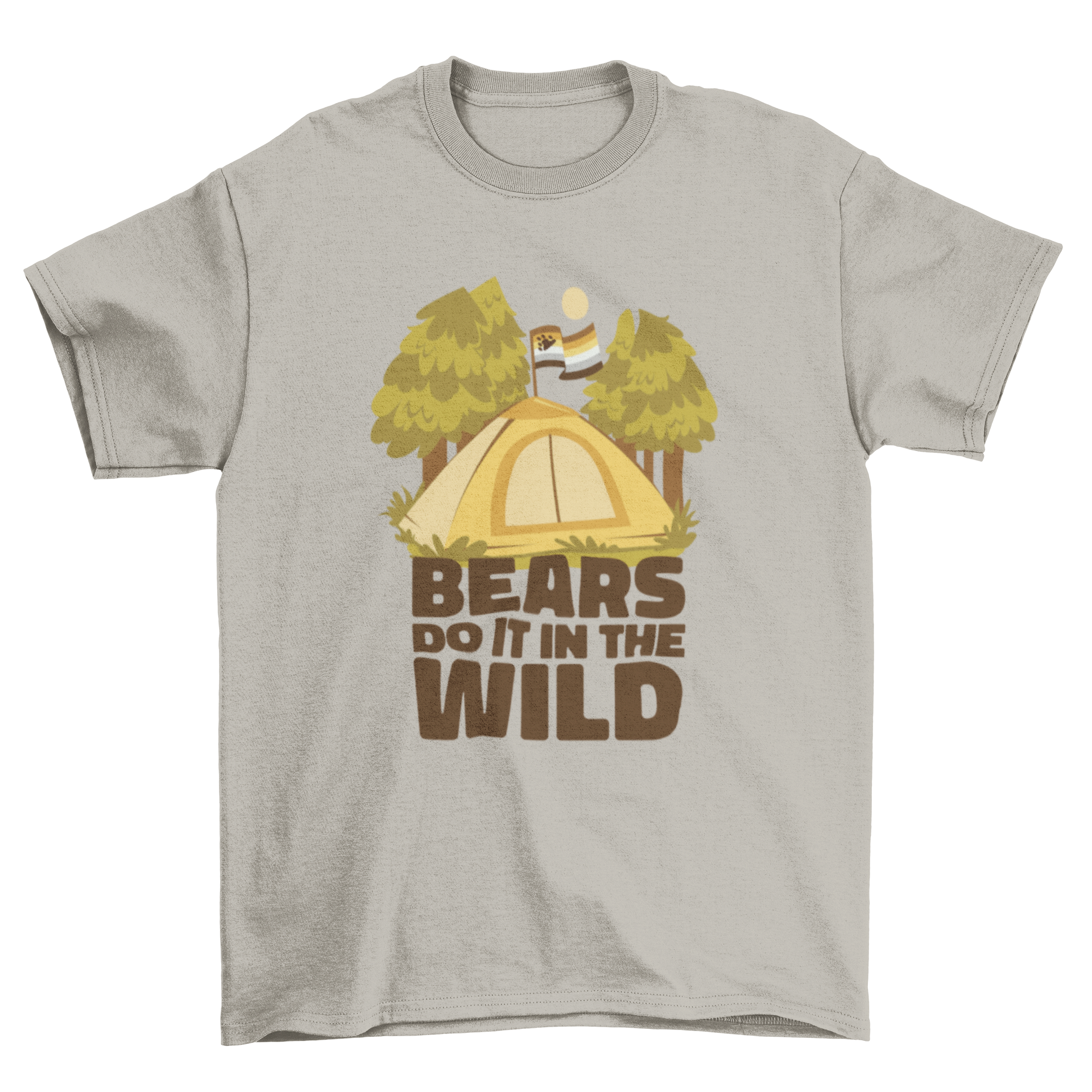 Wild bears camping t-shirt design featuring a tent in a forest with the quote 'Bears do it in the wild'.