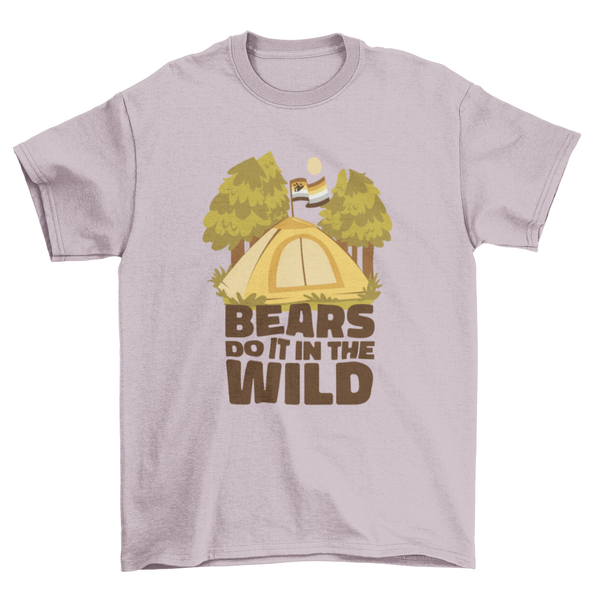 Wild bears camping t-shirt design featuring a tent in a forest with the quote 'Bears do it in the wild'.