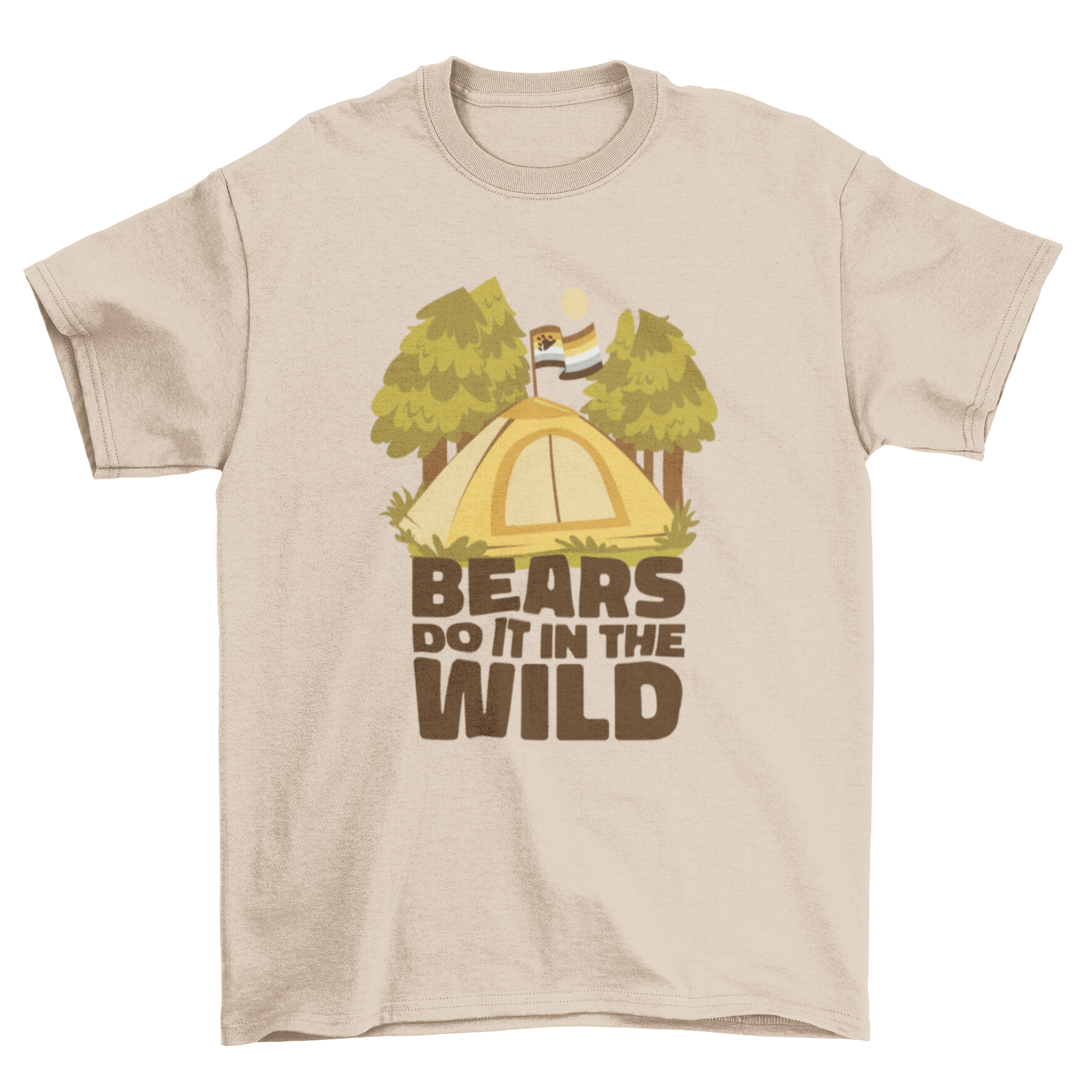 Wild bears camping t-shirt design featuring a tent in a forest with the quote 'Bears do it in the wild'.