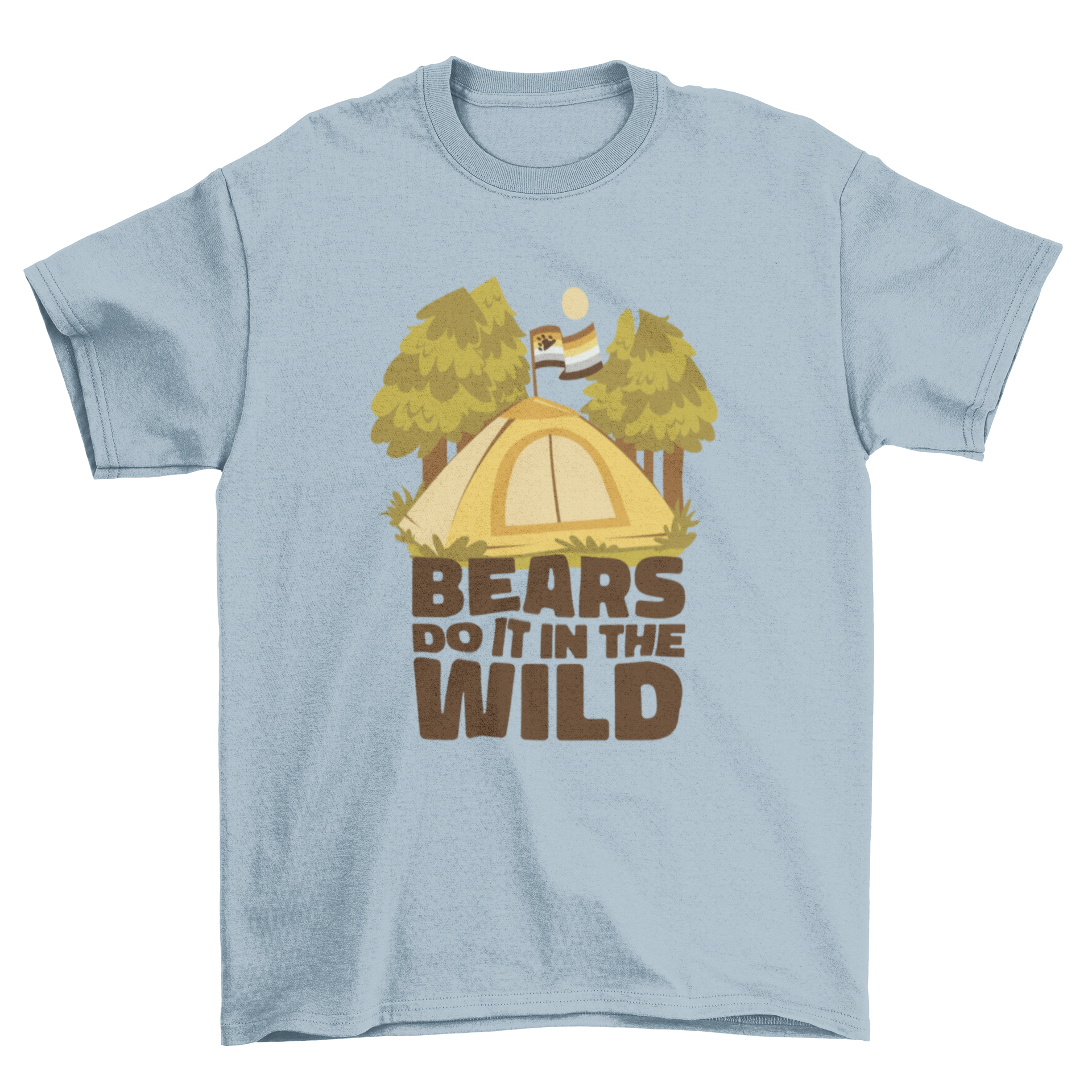 Wild bears camping t-shirt design featuring a tent in a forest with the quote 'Bears do it in the wild'.