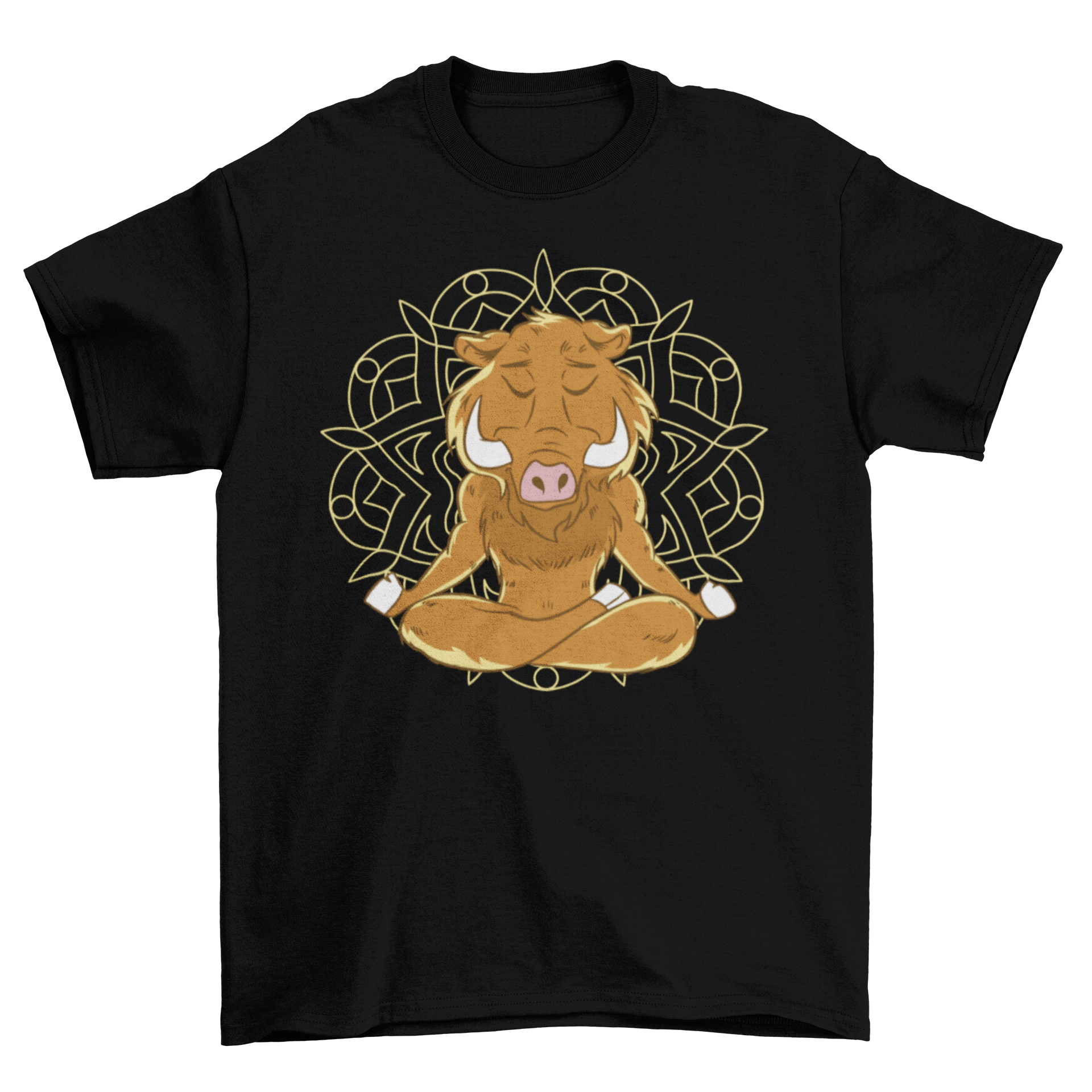 A stylish t-shirt featuring a wild boar meditating, showcasing a unique design for nature and meditation enthusiasts.