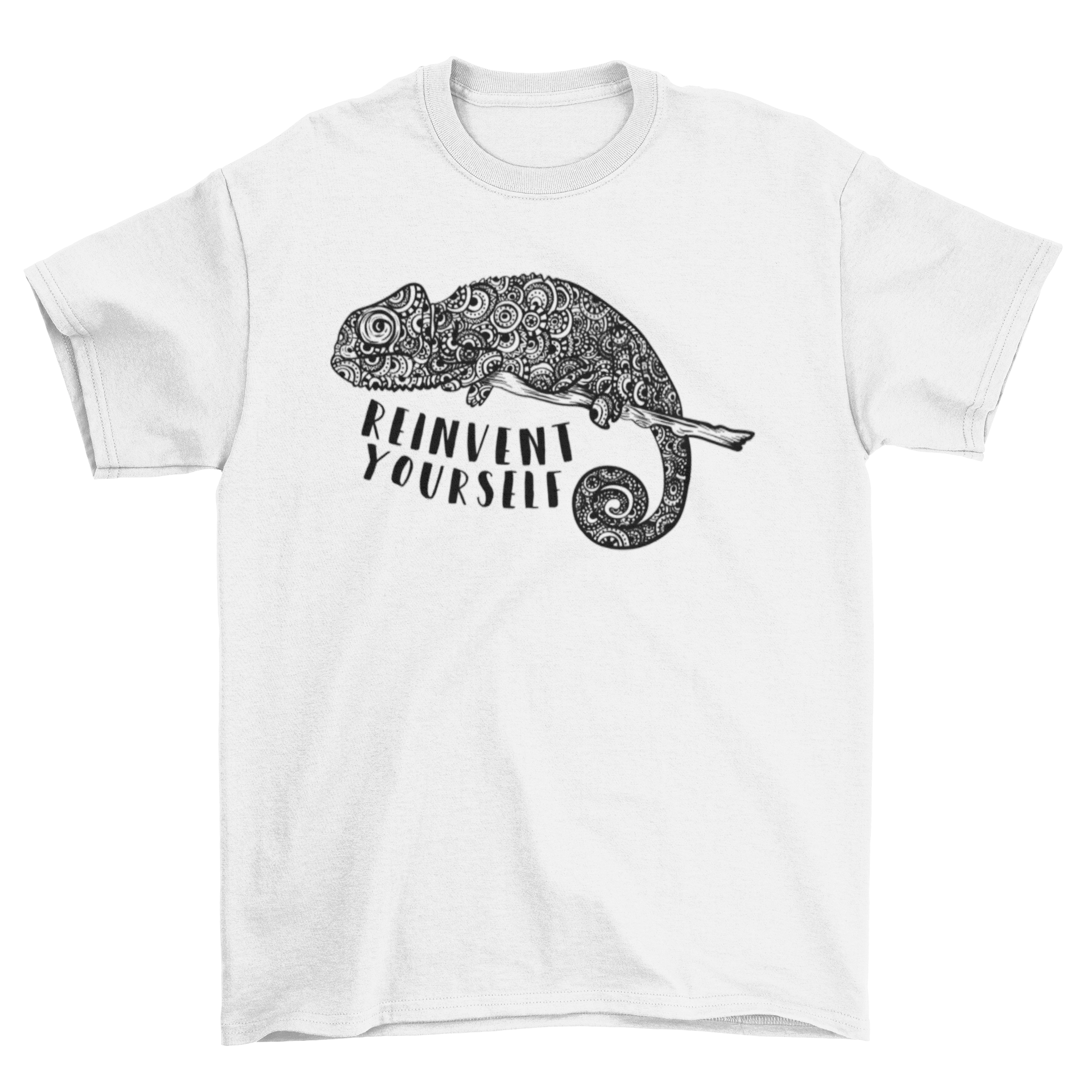 Wild Zoo Chameleon T-shirt featuring intricate mandala and tribal designs, showcasing a colorful chameleon illustration.