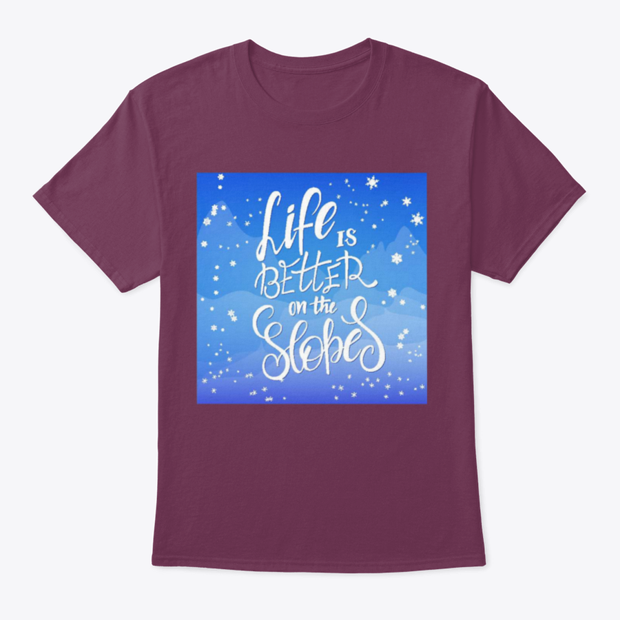 Winter-themed t-shirt featuring snowflakes and mountain flare design, made from soft cotton fabric.
