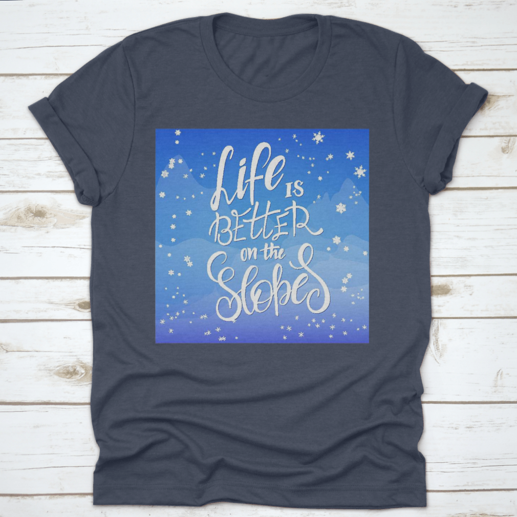 Winter-themed t-shirt featuring snowflakes and mountain flare design, made from soft cotton fabric.