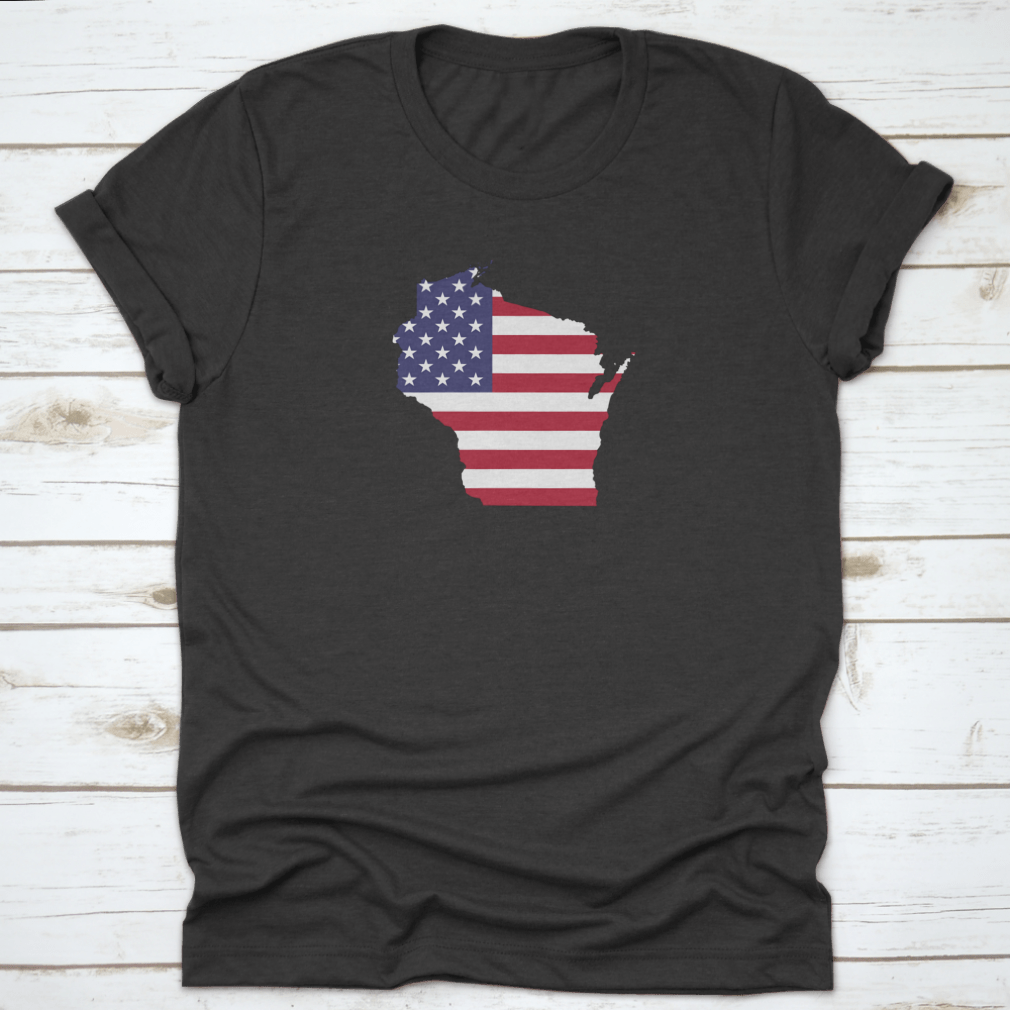 Wisconsin Map on American Flag design showcasing state pride with vibrant colors and detailed map.