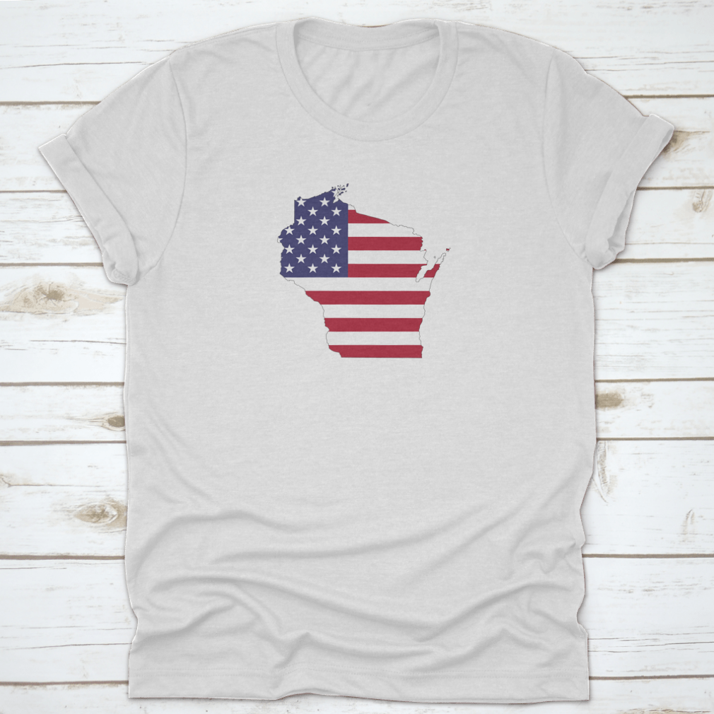 Wisconsin Map on American Flag design showcasing state pride with vibrant colors and detailed map.