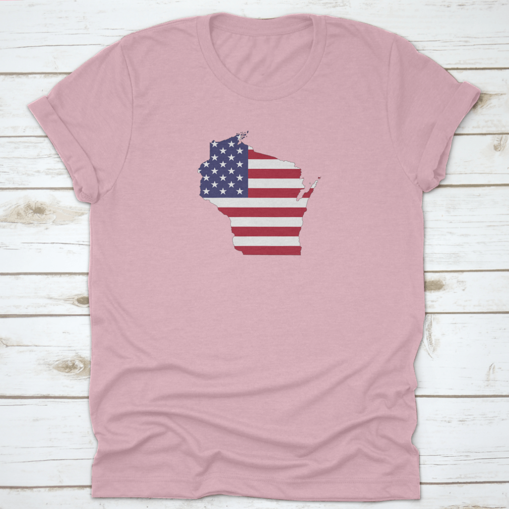 Wisconsin Map on American Flag design showcasing state pride with vibrant colors and detailed map.