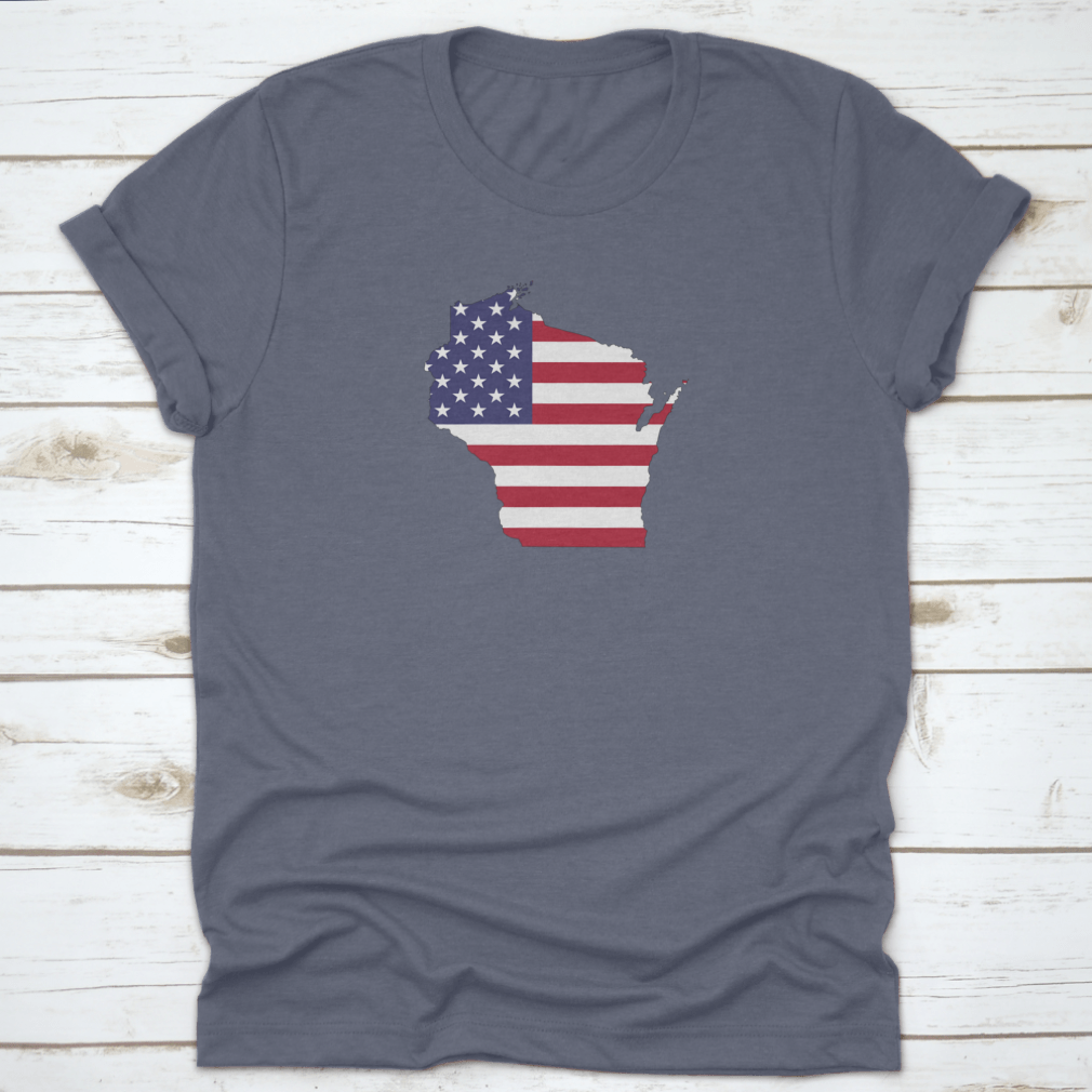 Wisconsin Map on American Flag design showcasing state pride with vibrant colors and detailed map.