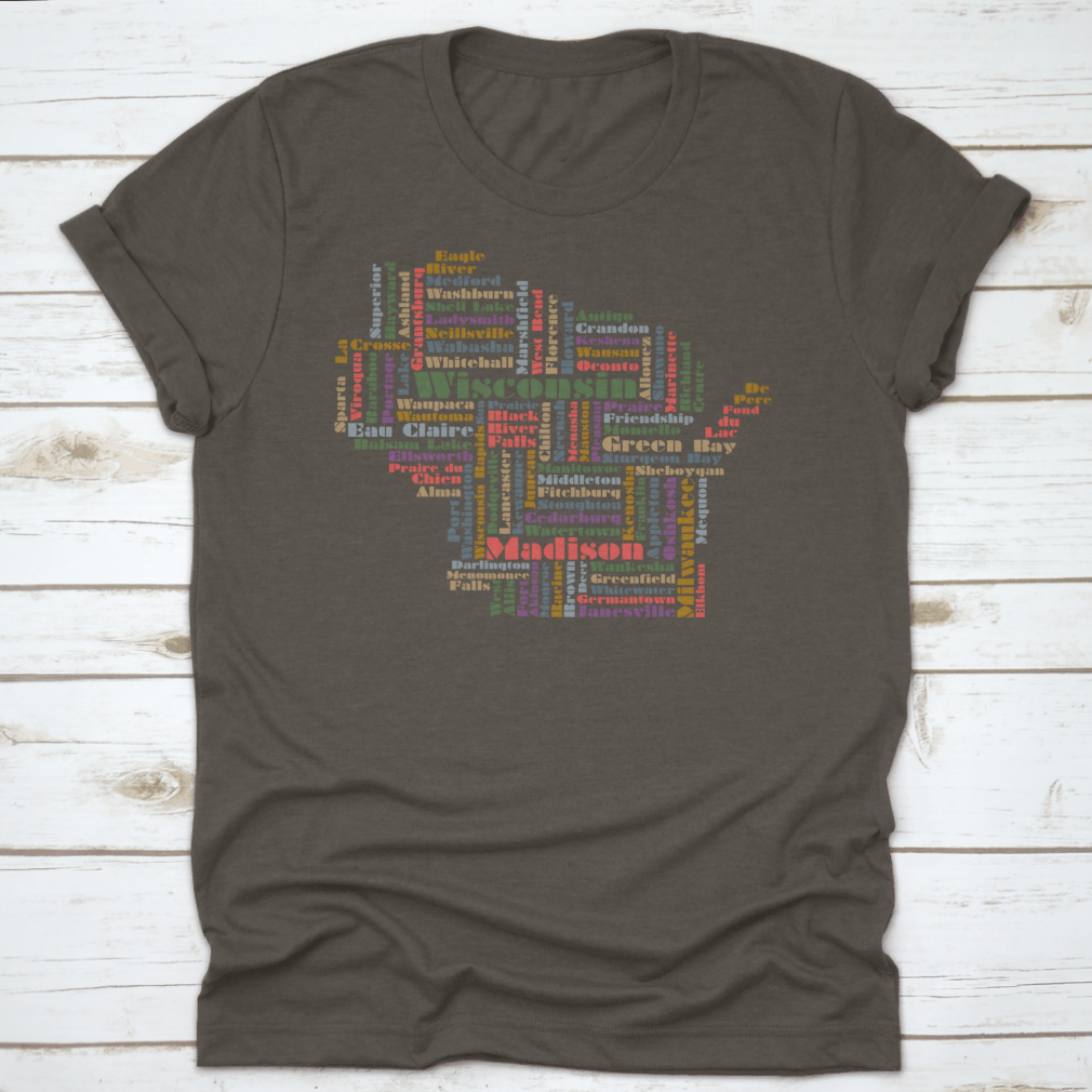 A stylish shirt featuring a Wisconsin word cloud design, showcasing various iconic words and phrases related to the state.