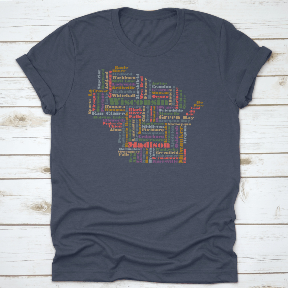A stylish shirt featuring a Wisconsin word cloud design, showcasing various iconic words and phrases related to the state.