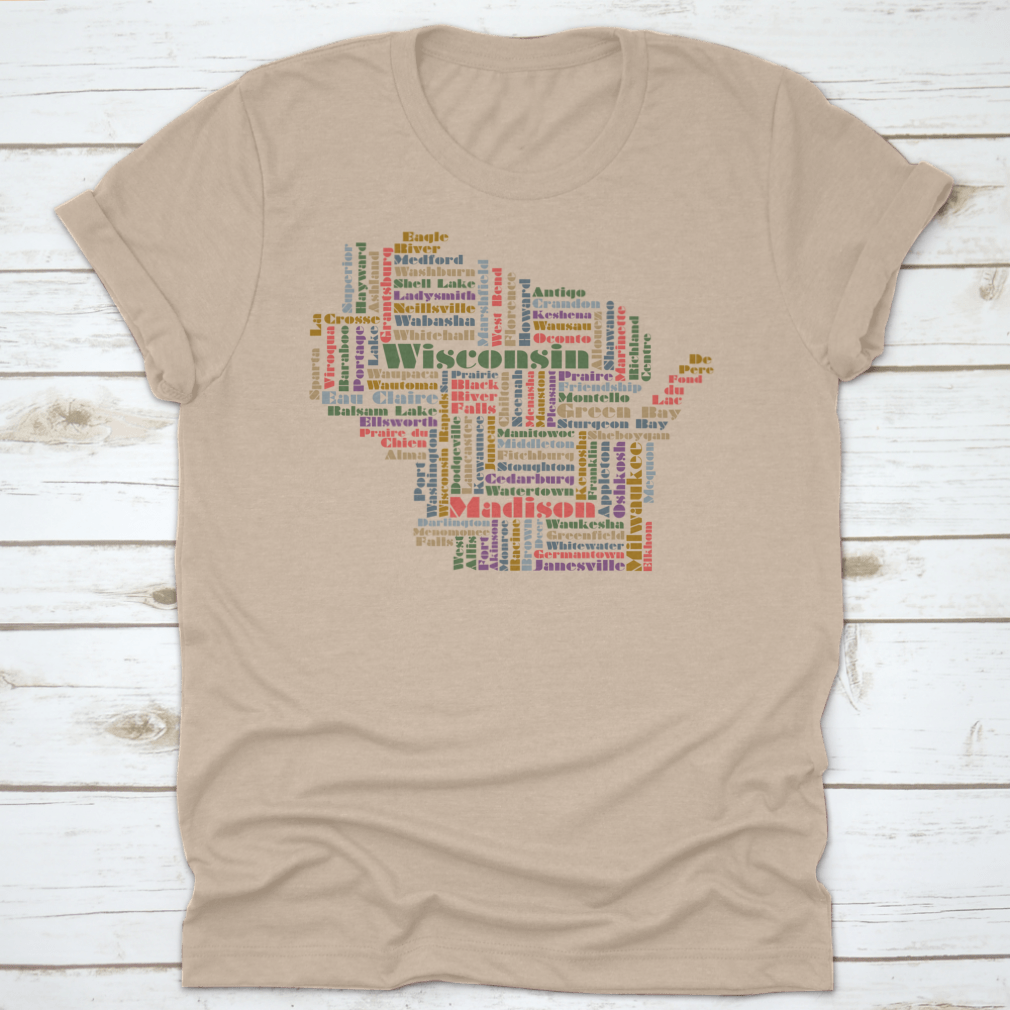 A stylish shirt featuring a Wisconsin word cloud design, showcasing various iconic words and phrases related to the state.
