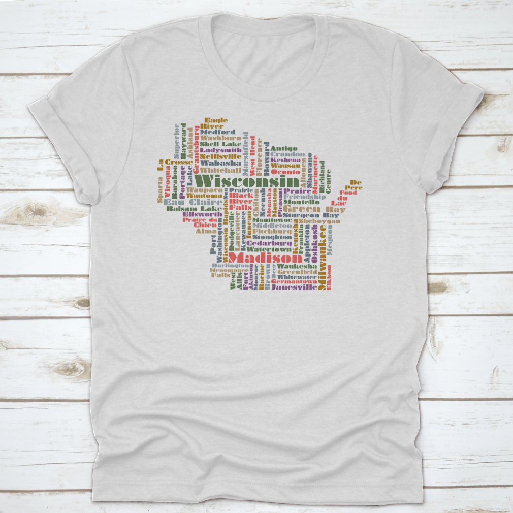 A stylish shirt featuring a Wisconsin word cloud design, showcasing various iconic words and phrases related to the state.