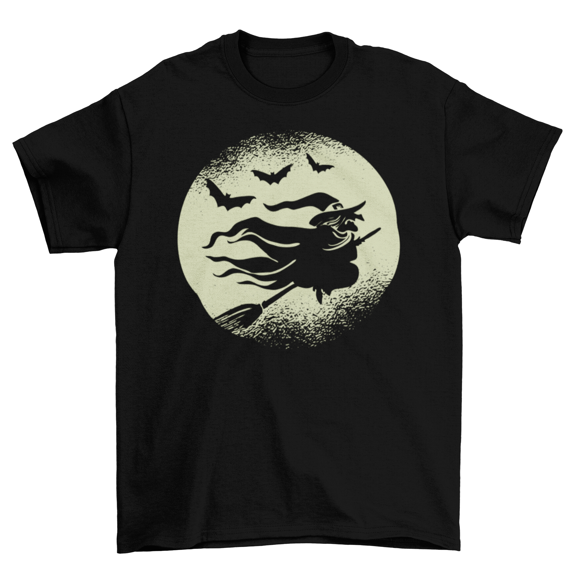 A spooky Halloween t-shirt design featuring a witch flying on a broomstick surrounded by bats against a full moon backdrop.