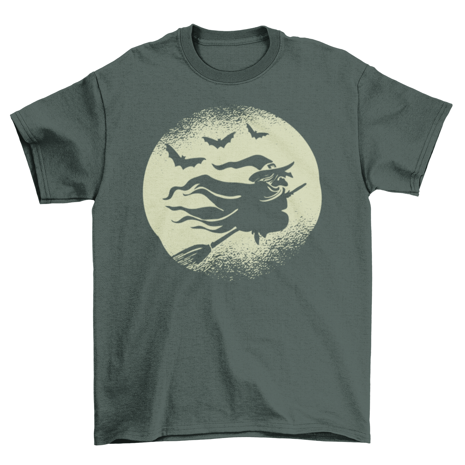 A spooky Halloween t-shirt design featuring a witch flying on a broomstick surrounded by bats against a full moon backdrop.