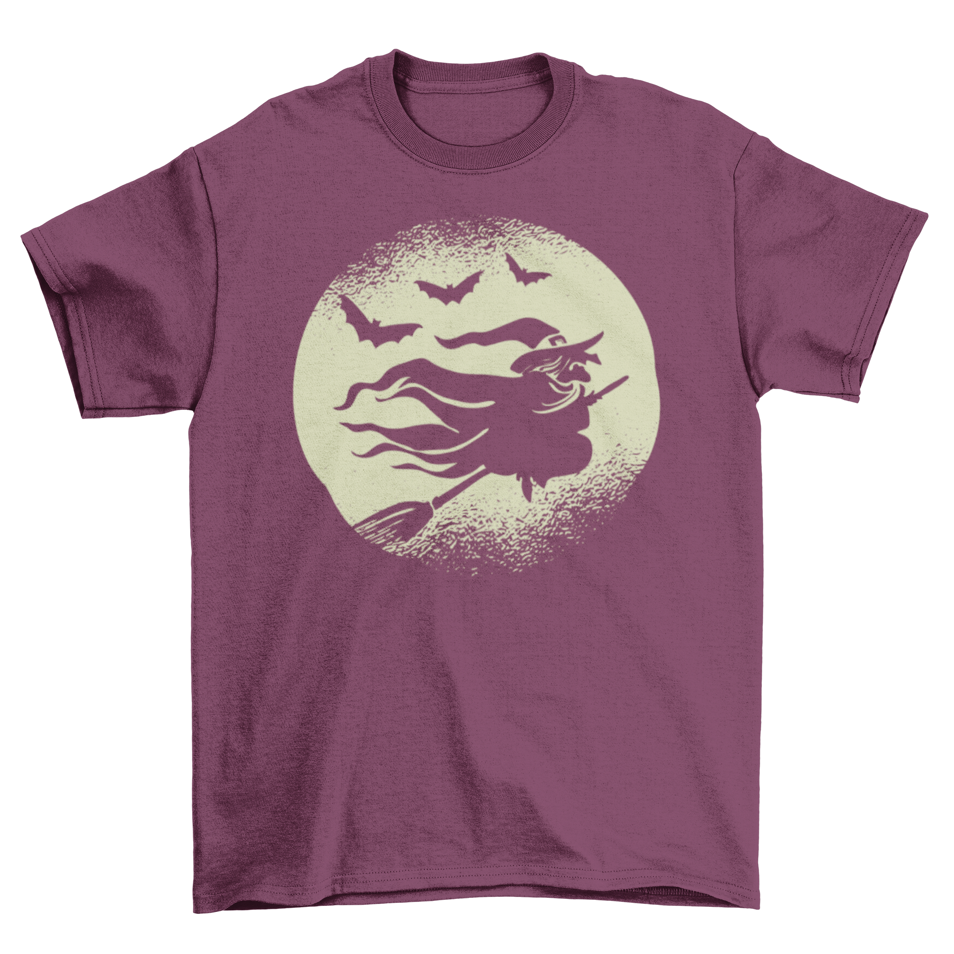 A spooky Halloween t-shirt design featuring a witch flying on a broomstick surrounded by bats against a full moon backdrop.