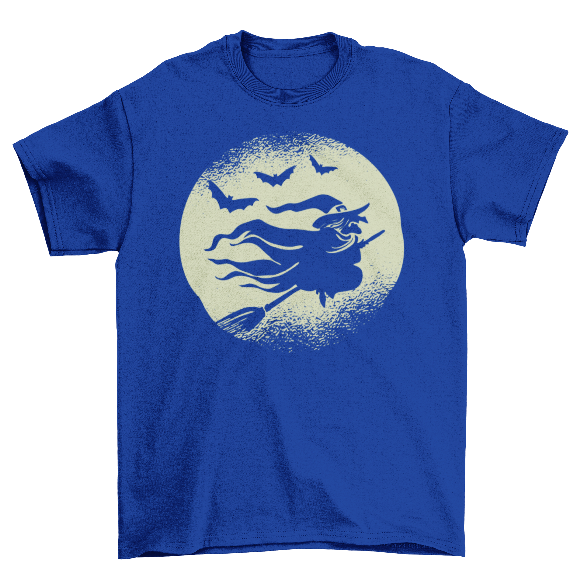 A spooky Halloween t-shirt design featuring a witch flying on a broomstick surrounded by bats against a full moon backdrop.