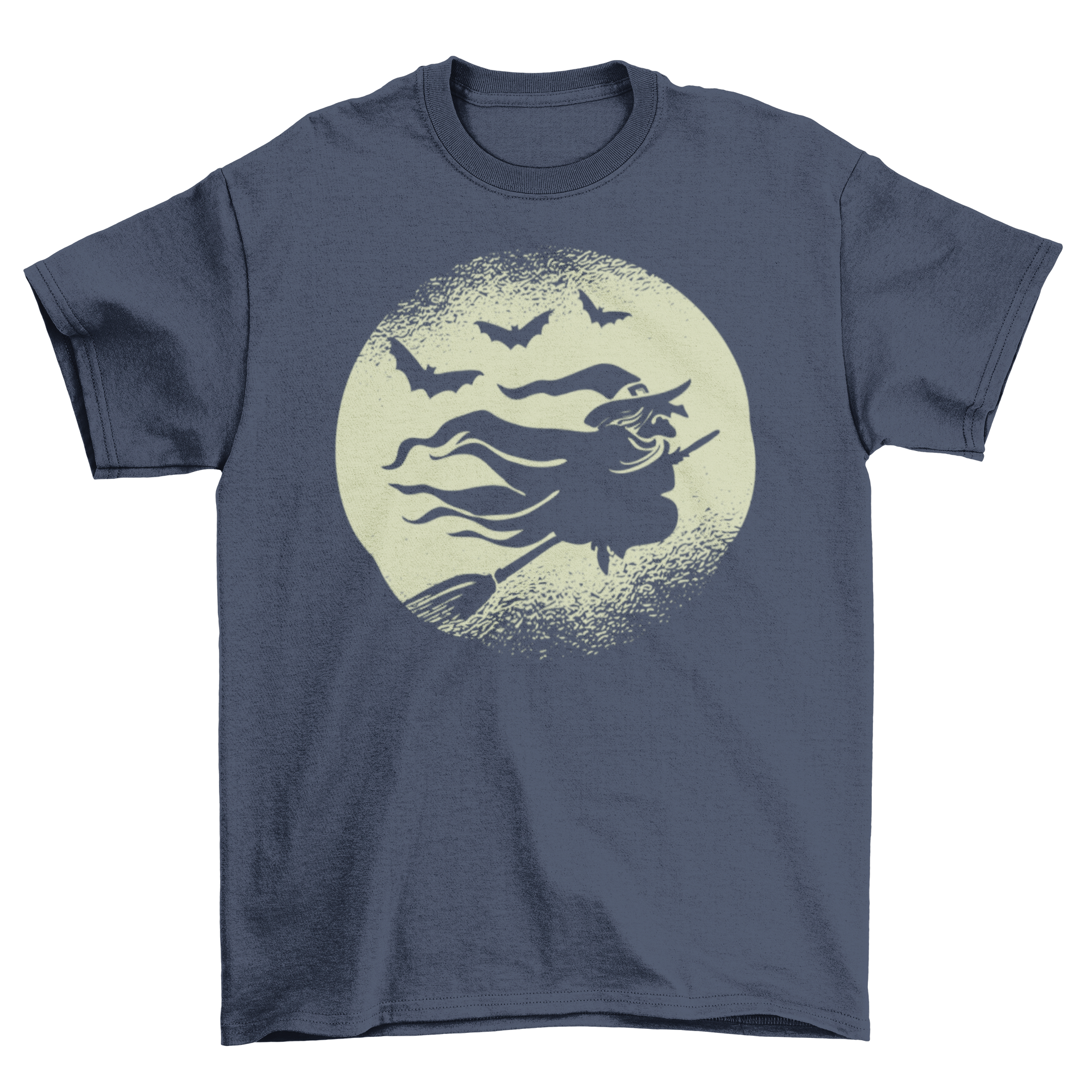 A spooky Halloween t-shirt design featuring a witch flying on a broomstick surrounded by bats against a full moon backdrop.