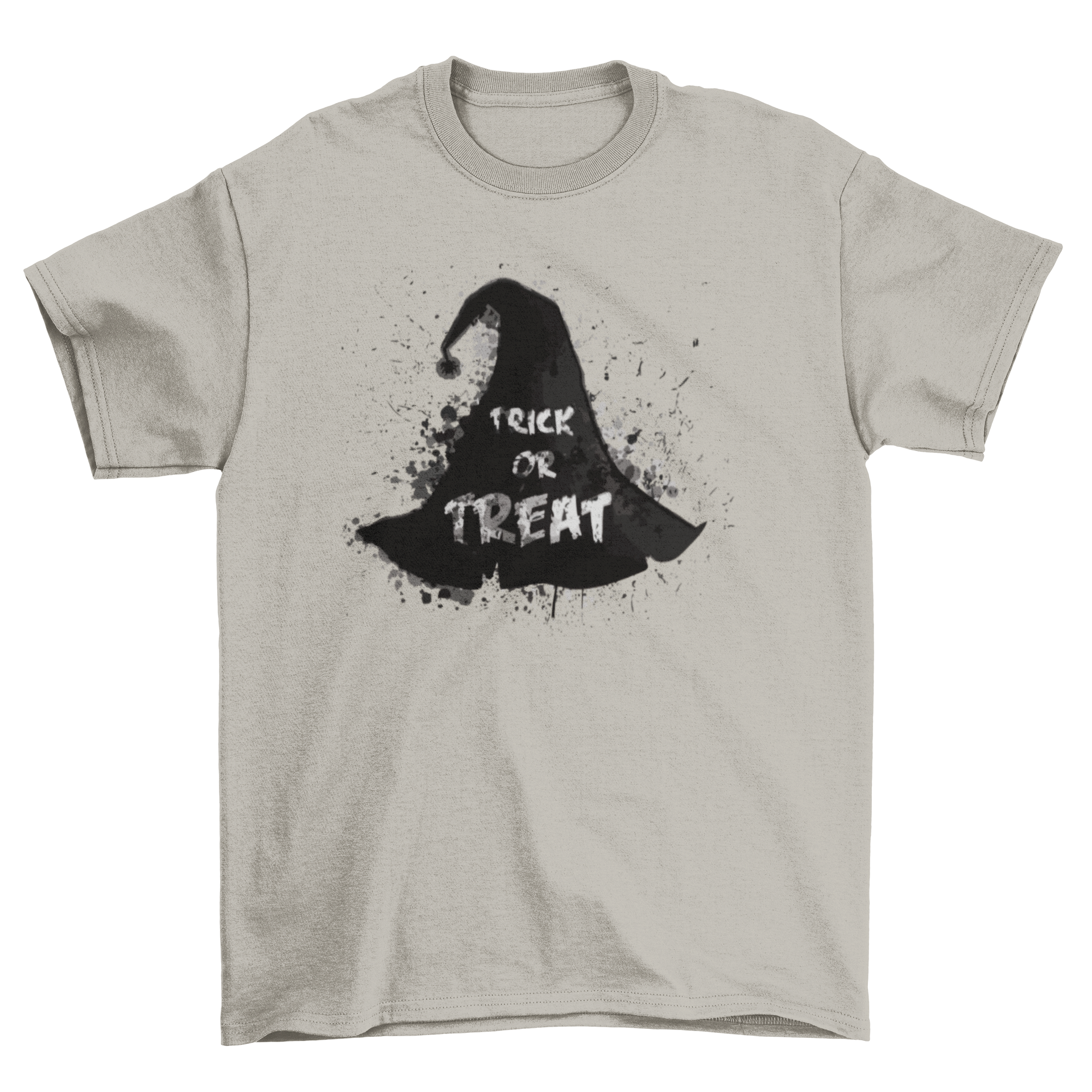A stylish Halloween t-shirt featuring a grungy watercolor witch hat design with the caption 'Trick or Treat'.
