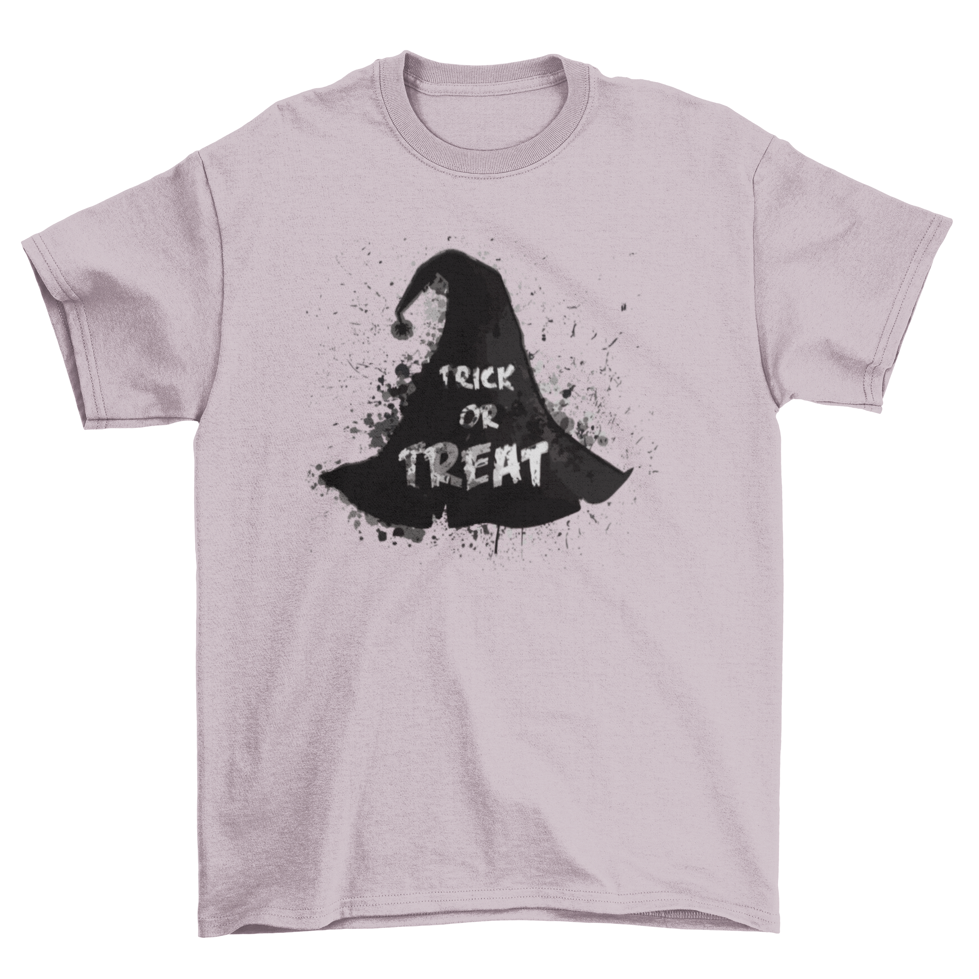 A stylish Halloween t-shirt featuring a grungy watercolor witch hat design with the caption 'Trick or Treat'.