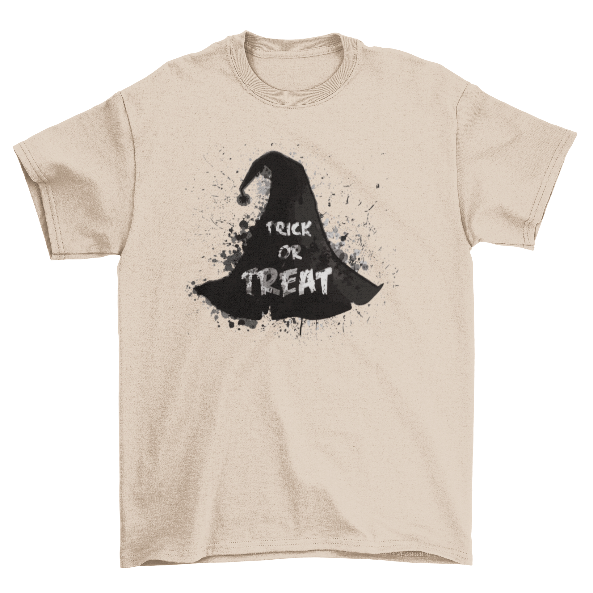 A stylish Halloween t-shirt featuring a grungy watercolor witch hat design with the caption 'Trick or Treat'.