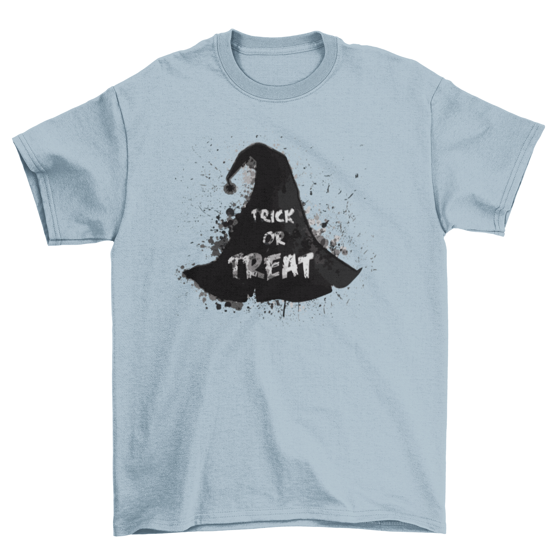 A stylish Halloween t-shirt featuring a grungy watercolor witch hat design with the caption 'Trick or Treat'.