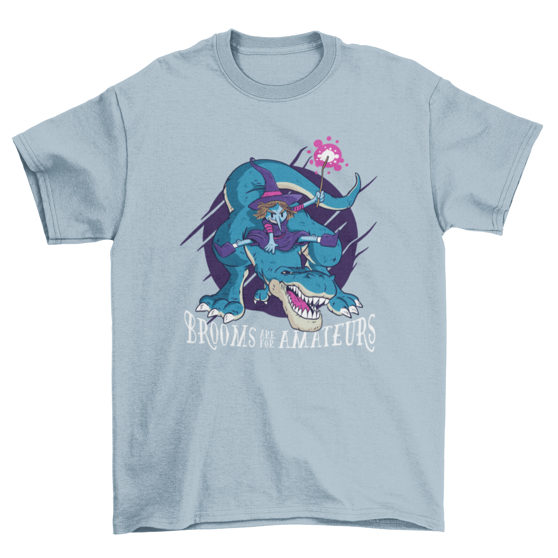 A humorous Halloween T-shirt featuring a witch riding a T-rex with the quote 'BROOMS ARE FOR AMATEURS'.