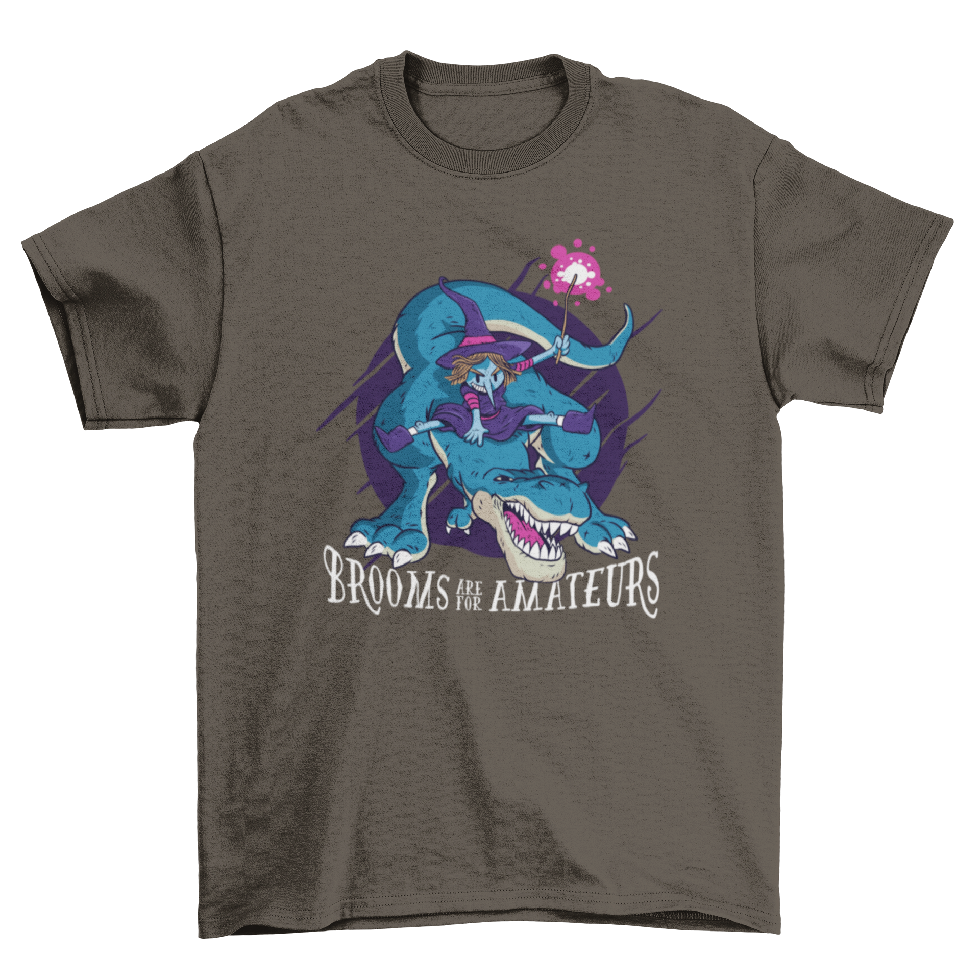 A humorous Halloween T-shirt featuring a witch riding a T-rex with the quote 'BROOMS ARE FOR AMATEURS'.