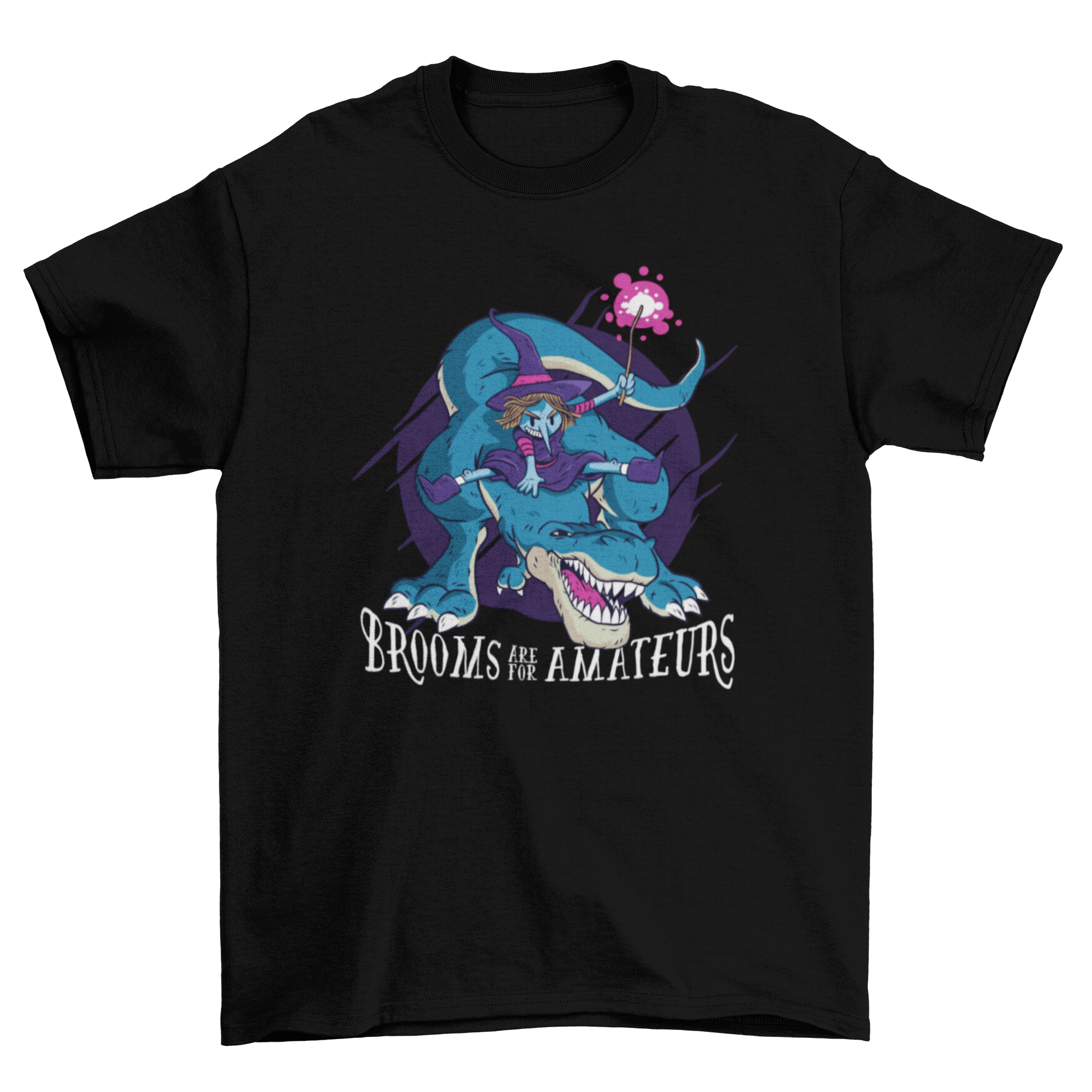 A humorous Halloween T-shirt featuring a witch riding a T-rex with the quote 'BROOMS ARE FOR AMATEURS'.