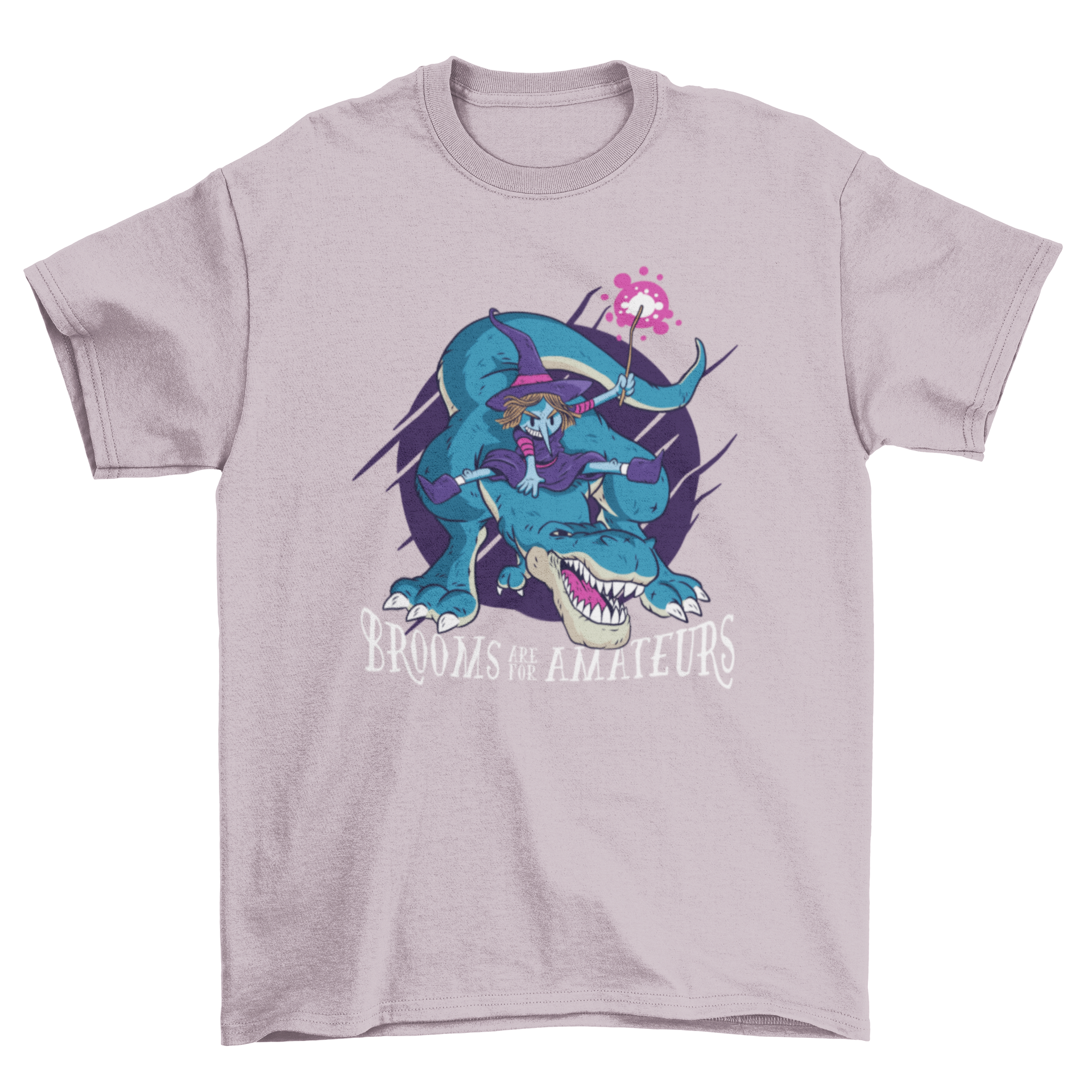 A humorous Halloween T-shirt featuring a witch riding a T-rex with the quote 'BROOMS ARE FOR AMATEURS'.