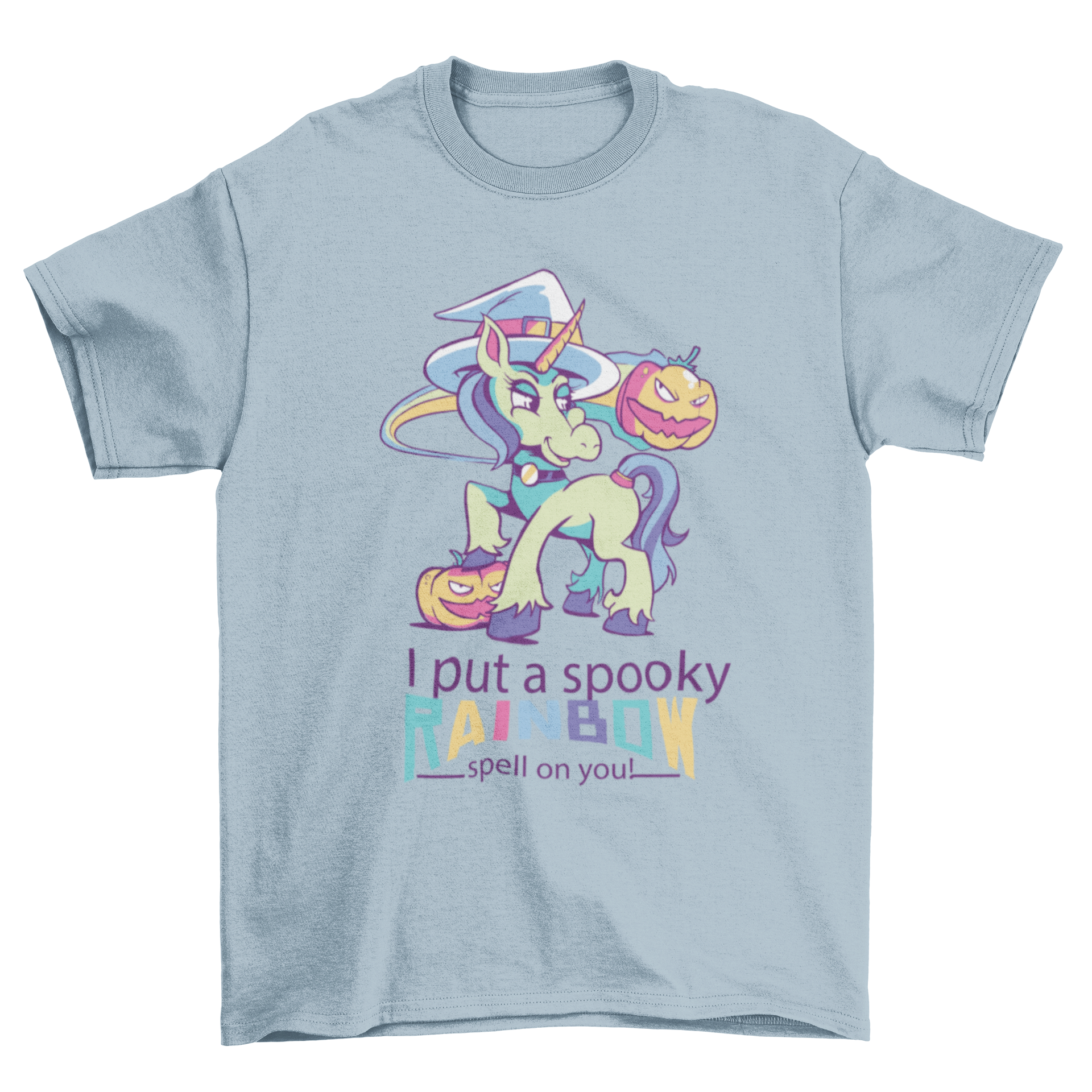 Witch unicorn T-shirt design featuring a colorful unicorn in a witch hat with the quote 'I PUT A SPOOKY RAINBOW SPELL ON YOU'.