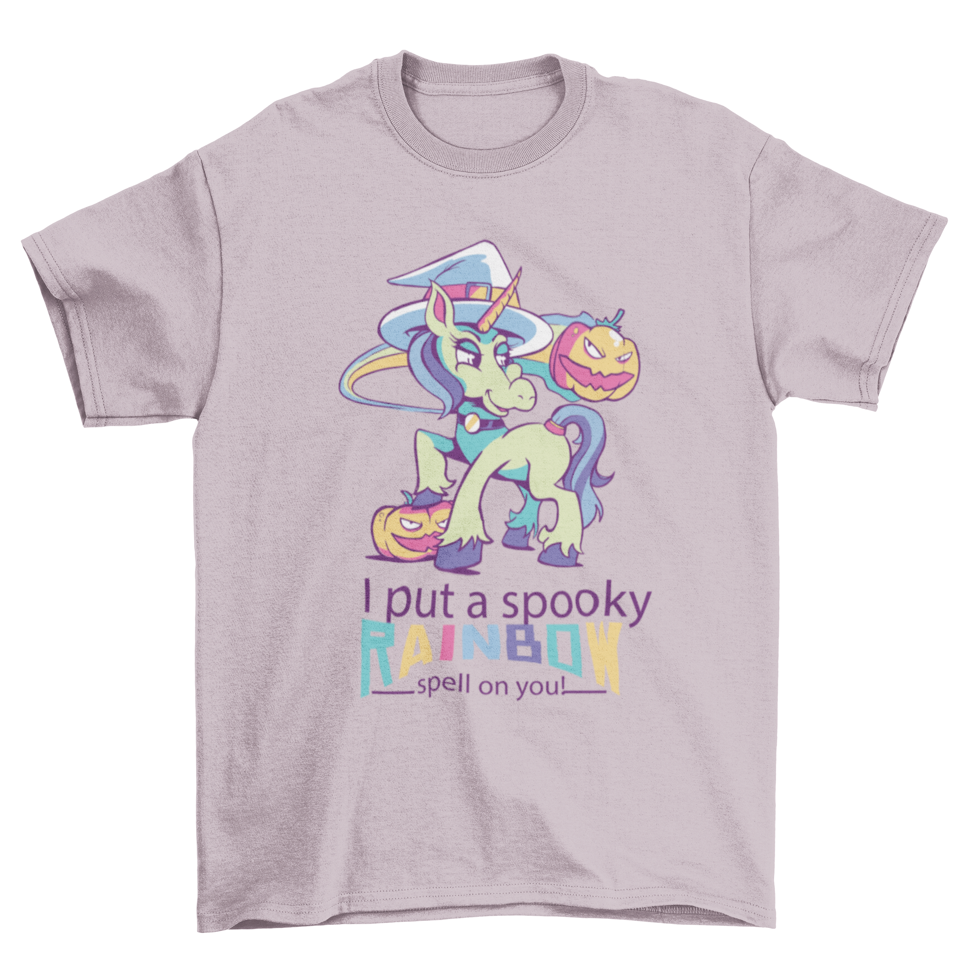 Witch unicorn T-shirt design featuring a colorful unicorn in a witch hat with the quote 'I PUT A SPOOKY RAINBOW SPELL ON YOU'.