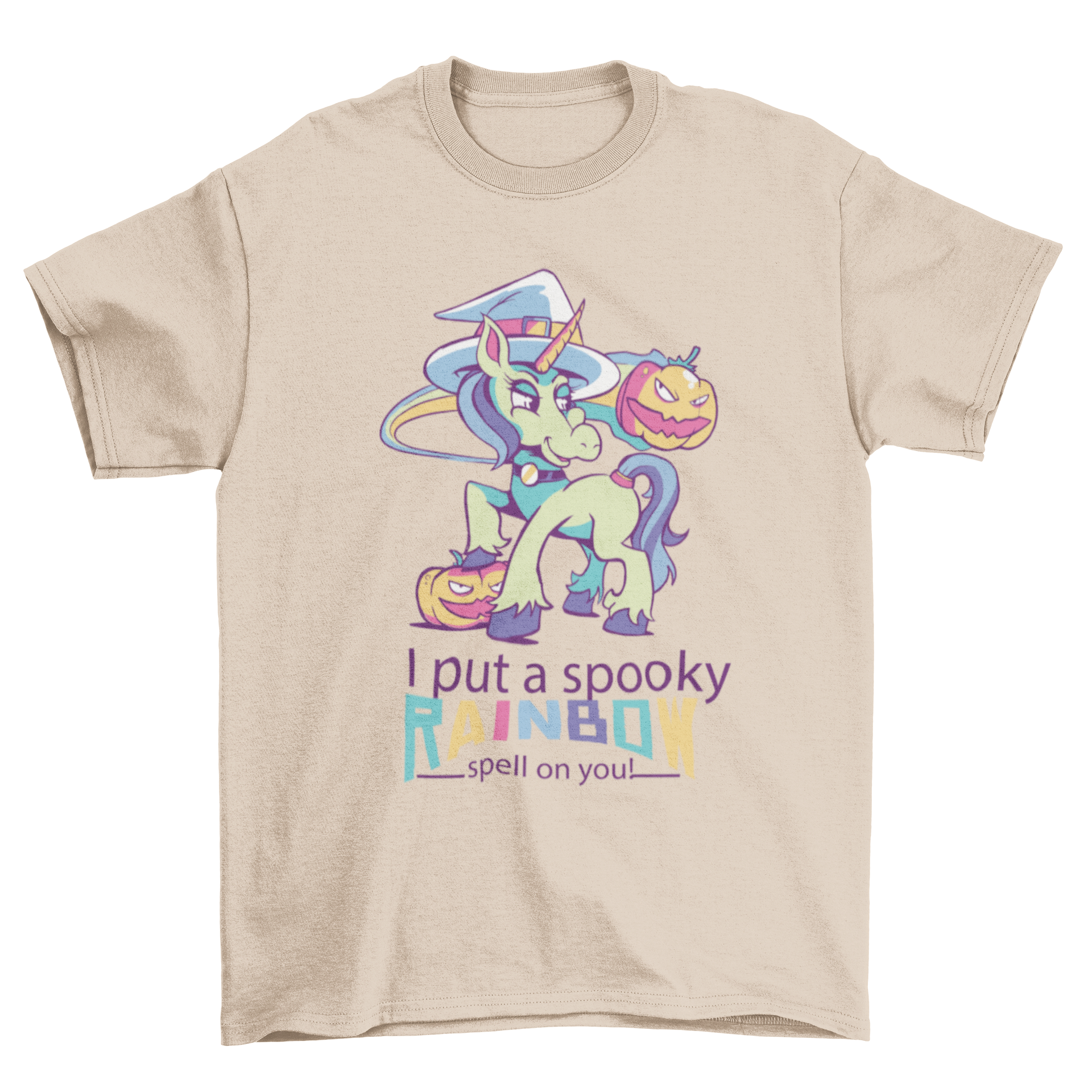 Witch unicorn T-shirt design featuring a colorful unicorn in a witch hat with the quote 'I PUT A SPOOKY RAINBOW SPELL ON YOU'.