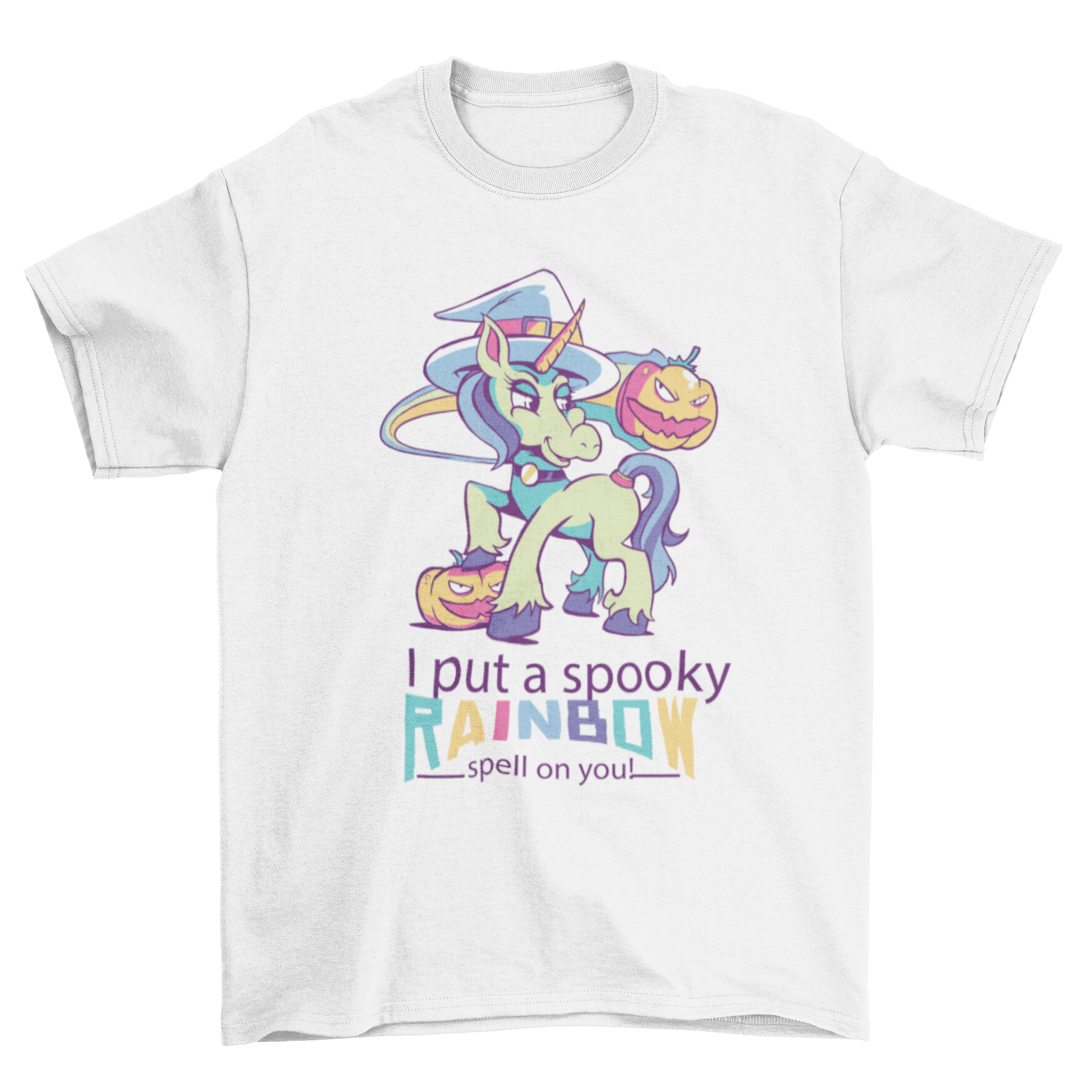 Witch unicorn T-shirt design featuring a colorful unicorn in a witch hat with the quote 'I PUT A SPOOKY RAINBOW SPELL ON YOU'.