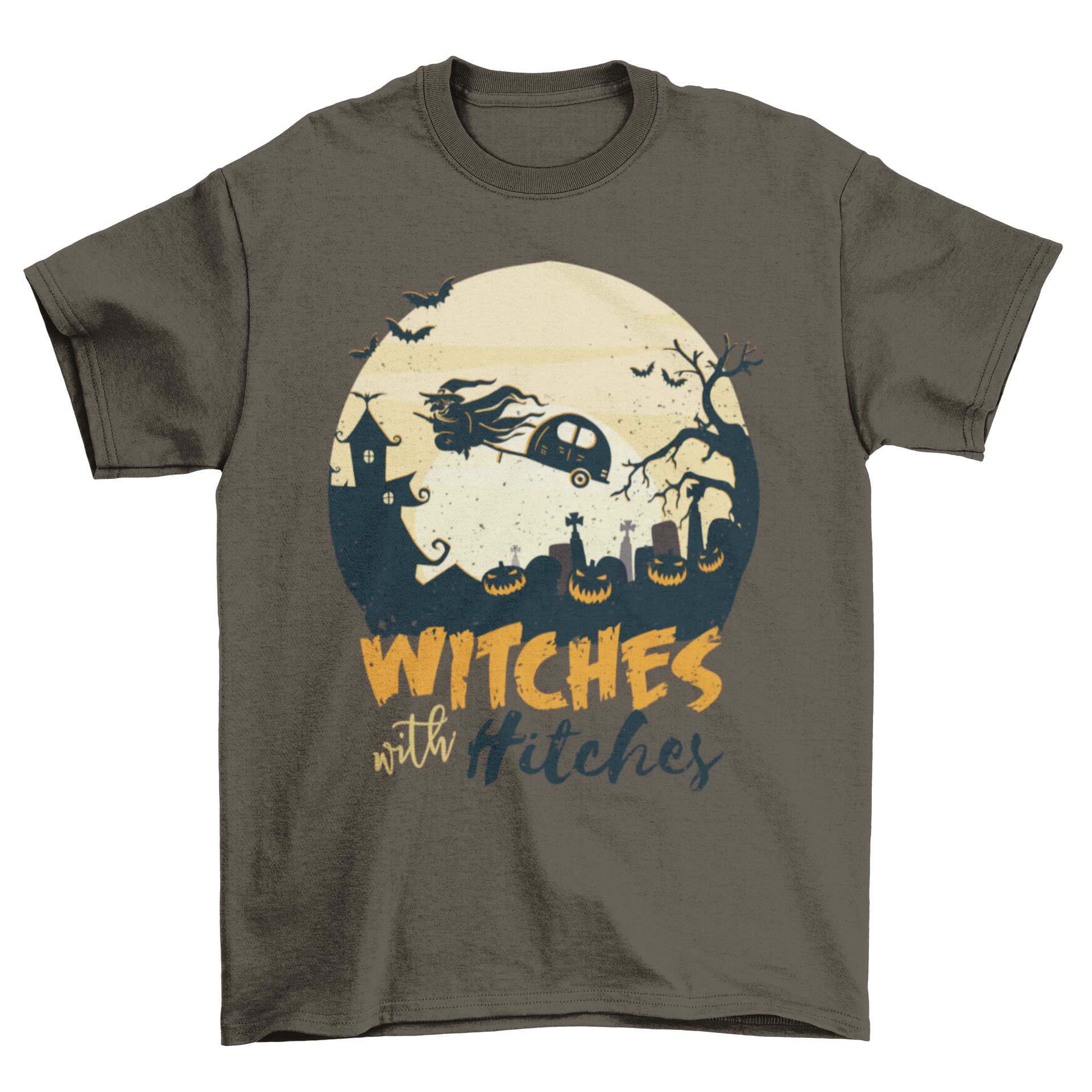 A Halloween-themed t-shirt featuring a witch hitching a caravan flying over a graveyard with jack-o-lanterns and a full moon.